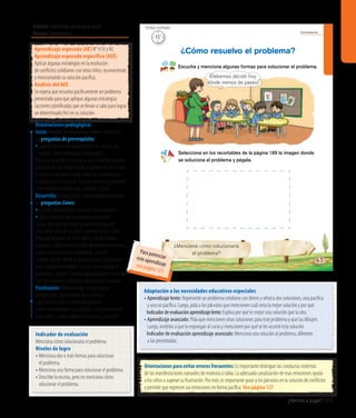 Ámbito: Formación personal y social
Núcleo: Convivencia
¿Vamos a jugar? 103
Convivencia
63
Escucha y menciona algunas formas para solucionar el problema.
Selecciona en los recortables de la página 189 la imagen donde
se soluciona el problema y pégala.
¿Cómo resuelvo el problema?
¿Mencioné cómo solucionaría
el problema?
¡Debemos decidir hoy
dónde iremos de paseo!
15’
Tiempo estimado
Indicador de evaluación
Menciona cómo solucionaría el problema.
Niveles de logro
• Menciona dos o más formas para solucionar
el problema.
• Menciona una forma para solucionar el problema.
• Describe la escena, pero no menciona cómo
solucionar el problema.
Aprendizaje esperado (AE) N° 4 (V y N).
Aprendizaje esperado específico (AEE)
Aplicar algunas estrategias en la resolución
de conflictos cotidianos con otros niños, reconociendo
y mencionando su solución pacífica.
Análisis del AEE
Se espera que resuelva pacíficamente un problema
presentado para que aplique algunas estrategias
(acciones planificadas que se llevan a cabo para lograr
un determinado fin) en su solución.
Orientaciones pedagógicas
Inicio: Movilice las experiencias previas realizando
las preguntas de prerrequisito:
•	Cuándo han tenido un problema con uno de sus
amigos, ¿qué hacen para solucionarlo?
Pida que se junten en grupos y que recuerden alguna
situación en que haya habido un problema en el curso
y cómo se solucionó. Luego, invítelos a representar
la situación y su solución. Cuando terminen, pregunte:
¿Este problema tendrá otra solución?, ¿cuál?
Desarrollo: Active nuevos conocimientos realizando
las preguntas claves:
• ¿Cómo sabemos qué hacer ante un problema?
• ¿Qué pasaría si no buscáramos soluciones?
Luego, pida que describan la escena y pregunte:
¿Qué deben decidir ese día?, ¿qué hacen los niños?
Pida que busquen los recortables y los describan,
pregunte: ¿Qué hacen los niños del primer recortable?,
¿están solucionando el problema?, ¿cómo?,
¿podrán decidir dónde ir de esta forma? ¿Qué hacen
en el segundo recortable?, ¿están solucionando el
problema?, ¿cómo? Cuando hayan pegado el recortable
que seleccionaron, pida que comparen sus trabajos.
Finalización: Retroalimente la experiencia
preguntando: ¿Qué sucede en la escena?,
¿qué pasaría si no se ponen de acuerdo?,
¿cómo solucionarían la situación?, ¿seleccionaron el
recortable?, ¿todos eligieron el mismo?, ¿por qué?
Adaptación a las necesidades educativas especiales
• Aprendizaje lento: Represente un problema cotidiano con títeres y ofrezca dos soluciones, una pacífica
y una no pacífica. Luego, pida a los párvulos que mencionen cuál sería la mejor solución y por qué.
	 Indicadordeevaluaciónaprendizajelento:Explica por qué es mejor una solución que la otra.
• Aprendizaje avanzado: Pida que mencionen otras soluciones para este problema y que las dibujen.
Luego, invítelos a que lo expongan al curso y mencionen por qué se les ocurrió esta solución.
	 Indicador de evaluación aprendizaje avanzado: Menciona una solución al problema, diferente
a las presentadas.
Orientaciones para evitar errores frecuentes: Es importante distinguir las conductas violentas
de las manifestaciones naturales de molestia o rabia. La adecuada canalización de esas emociones ayuda
a los niños a superar su frustración. Por esto, es importante guiar a los párvulos en la solución de conflictos
y permitir que expresen sus emociones en forma pacífica. Vea página 127
Para potenciareste aprendizajevea página 121
 