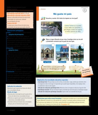Ámbito:Formación personal y social
Núcleo:Convivencia
108 Unidad 3
Convivencia
¿Mencioné lo que me gustó de las
formas de vida del lugar que escogí?
Escucha y cuenta: ¿En todos los lugares se vive igual?
Me gusta mi país
68
Elige un lugar diferente al que vives. Investiga cómo se vive allí
y preséntalo contando qué te gustó de ese lugar.
Caleta Tortel es un pueblo
cuyas calles son pasarelas y
para llegar a todos los lugares
se debe caminar por ellas.
La Tirana Valparaíso Chiloé
Indicador de evaluación
Menciona lo que le gusta de las formas de vida de
otras comunidades del país.
Niveles de logro
•	Menciona dos o más aspectos que le gustan de las
formas de vida de otras comunidades del país.
•	Menciona un aspecto que le gusta de las formas de
vida de otras comunidades del país.
•	Describe las formas de vida de otras comunidades
del país, pero no menciona lo que le gusta.
Aprendizaje esperado (AE) N° 7 (P y D).
Aprendizaje esperado específico (AEE)
Apreciar la diversidad de formas de vida de otras
comunidades de nuestro país, mediante
una investigación de estas.
Análisis del AEE
Se espera que conozca formas de vida de otras
comunidades del país para que pueda valorarlas.
Orientaciones pedagógicas
Inicio: Movilice las experiencias previas realizando
las preguntas de prerrequisito:
• ¿Conocen otros lugares del país?, ¿cómo son?
• ¿Creen que es igual la vida del campo y de la ciudad?
Pida previamente imágenes de diferentes lugares
para que realicen una exposición con ellas. solicite
que las miren y pregunte: ¿Cómo será la vida
en ese lugar?, ¿será diferente a la nuestra?, ¿por qué?
Desarrollo: Active nuevos conocimientos realizando
las preguntas claves:
• ¿Hay que respetar las formas de vida de los demás?
• ¿Qué pasaría si no lo hiciéramos?, ¿por qué?
Luego, lea sobre CaletaTortel y cuénteles que en Chile
hay muchos lugares diferentes y que la vida que llevan
las personas depende de muchos factores, por ejemplo,
si habitan cerca del mar, de ríos, lagos, montañas, cerros,
desiertos. Luego, pida que describan las fotos y elijan
una para investigar.
Solicite que investiguen, acerca de cómo es la vida
de las personas que viven ahí.
Finalización: Retroalimente la experiencia y pregunte:
¿Cómo es CaletaTortel?, ¿dónde está construida?,
¿cómo llegan las personas a los diferentes lugares?,
¿qué lugar escogieron para investigar?, ¿por qué?,
¿qué investigarán de este lugar?, ¿qué aprendieron
en esta experiencia?
Adaptación a las necesidades educativas especiales
• Aprendizaje lento: Pida que elijan una de las fotos y la describan. Luego, solicite que comenten cómo
se imaginan la vida en este lugar. Es importante que cuando hayan respondido, se les explique cómo
es realmente la vida en estos lugares.
	 Indicador de evaluación aprendizaje lento: Menciona cómo se imagina la vida de un lugar de Chile.
• Aprendizajeavanzado:Pidaqueinvestiguenalgunacostumbrequeseadeotropaísylaexponganalgrupo.
	 Indicador de evaluación aprendizaje avanzado: Expone sobre una costumbre de otro país.
Orientaciones para evitar errores frecuentes: Es importante considerar que el conocimiento de otros
lugares diferentes al nuestro no es solo aprender de su paisaje. Es necesario conocer las formas de vida
de las personas que habitan ahí. Por lo tanto, cuando desarrolle este aprendizaje, pida que relacionen,
entre otras cosas, el paisaje con las formas de vida. Vea página 128
25’
Tiempo estimado
Para potenciar
este aprendizaje
vea página 122
 