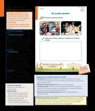 Ámbito:Formación personal y social
Núcleo:Convivencia
110 Unidad 3
Convivencia
70
¿Mencioné cómo ayudo a preparar
mi cumpleaños?
Cuenta cómo ayudas a preparar tu cumpleaños con tu familia
y dibújalo.
Describe y comenta las escenas.
¡Yo puedo ayudar!
Indicador de evaluación
Menciona cómo ayuda a preparar una
celebración familiar.
Niveles de logro
• Nombra dos o más acciones que realiza para
ayudar a preparar una celebración familiar.
• Nombra una acción que realiza para ayudar
a preparar una celebración familiar.
• Describe una celebración familiar, pero no
menciona lo que hace para ayudar a prepararla.
Aprendizaje esperado (AE) N° 2 (P y D).
Aprendizaje esperado específico (AEE)
Contribuir en prácticas culturales de su familia,
asumiendo algunas funciones de colaboración en
una celebración, como su cumpleaños.
Análisis del AEE
Se espera que recuerde su cumpleaños para que
identifique de qué manera ayuda a preparar esta
celebración.
Orientaciones pedagógicas
Inicio: Movilice las experiencias previas realizando
las preguntas de prerrequisito:
•¿Qué celebramos en el colegio?
•¿Ayudan a preparar estas celebraciones?, ¿cómo?
Busque alguna efeméride o celebración (Día del Libro,
de laTierra, de la Madre, de la Amistad) y organícela
junto con los párvulos, para celebrarla en el colegio.
Pregunte: ¿Ayudaron a preparar la celebración?,
¿cómo?, ¿podrían haber ayudado de otra forma?
Desarrollo: Active nuevos conocimientos realizando
las preguntas claves:
• ¿Colaboran en las celebraciones familiares?, ¿cómo?
• ¿Qué ocurriría si no lo hicieran?, ¿por qué?
Inicie una conversación grupal sobre las celebraciones
familiares, como cumpleaños, nacimientos,
despedidas, aniversarios, u otras. Luego, invite
a observar las escenas y pregunte: ¿Qué están
celebrando?, ¿todos lo celebran de la misma forma?,
¿de qué modo participan?, Incentívelos a dibujar cómo
ayudan a preparar la celebración.
Finalización: Retroalimente la experiencia
preguntando: En las escenas, ¿todos celebran
de la misma forma su cumpleaños?, ¿de qué forma
lo hacen ustedes?, ¿ayudan a prepararlo?, ¿cómo?,
¿lo dibujaron?, ¿les costó?, ¿qué otras celebraciones
familiares conocen?, ¿ayudan a prepararlas?, ¿cómo?
Adaptación a las necesidades educativas especiales
• Aprendizaje lento: Averigüe con las familias sobre cuáles son las celebraciones que se realizan
en sus hogares. Luego, hagan preguntas como: ¿Qué celebran?, ¿cómo lo organizan?, ¿qué más hacen?,
¿ayudan a prepararla?, ¿cómo?
	 Indicador de evaluación aprendizaje lento: Describe una celebración familiar.
• Aprendizaje avanzado: Pida que mencionen otras celebraciones familiares en las que participan
y que comenten lo que hacen para ayudar. Se sugiere que escriba en una cartulina las celebraciones
que mencionen y luego las comenten diciendo cómo ayudaron.
	 Indicador de evaluación aprendizaje avanzado: Menciona cómo ayuda a preparar otras
celebraciones familiares.
Orientacionesparaevitarerroresfrecuentes:Asumir funciones de colaboración en una celebración
no significa solo ayudar a servir a los invitados, sino participar de diferentes formas, colaborando según
las capacidades de cada uno. Por esto, es importante que se mencionen otras formas de colaborar,
como conversar con los invitados o ayudar a decorar el lugar. Vea página 128
20’
Tiempo estimado
Para potenciar
este aprendizaje
vea página 123
 