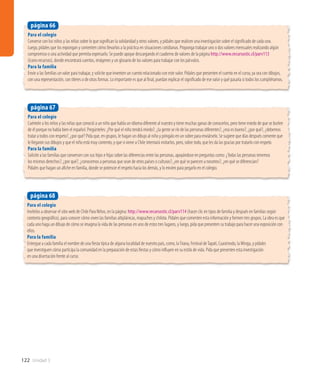 122 Unidad 3
Para el colegio
Invítelos a observar el sitio web de Chile Para Niños, en la página: http://www.recursostic.cl/parv114 (hacer clic en tipos de familia y después en familias según
contexto geográfico), para conocer cómo viven las familias altiplánicas, mapuches y chilota. Pídales que comenten esta información y formen tres grupos. La idea es que
cada uno haga un dibujo de cómo se imagina la vida de las personas en uno de estos tres lugares, y luego, pida que presenten su trabajo para hacer una exposición con
ellos.
Para la familia
Entregue a cada familia el nombre de una fiesta típica de alguna localidad de nuestro país, como, laTirana, Festival deTapatí, Cuasimodo, la Minga, y pídales
que investiguen cómo participa la comunidad en la preparación de estas fiestas y cómo influyen en su estilo de vida. Pida que presenten esta investigación
en una disertación frente al curso.
página 68
Para el colegio
Cuéntele a los niños y las niñas que conoció a un niño que habla un idioma diferente al nuestro y tiene muchas ganas de conocerlos, pero tiene miedo de que se burlen
de él porque no habla bien el español. Pregúnteles: ¿Por qué el niño tendrá miedo?, ¿la gente se ríe de las personas diferentes?, ¿eso es bueno?, ¿por qué?, ¿debemos
tratar a todos con respeto?, ¿por qué? Pida que, en grupos, le hagan un dibujo al niño y póngalo en un sobre para enviárselo. Se sugiere que días después comente que
le llegaron sus dibujos y que el niño está muy contento, y que si viene a Chile intentará visitarlos, pero, sobre todo, que les da las gracias por tratarlo con respeto.
Para la familia
Solicite a las familias que conversen con sus hijos e hijas sobre las diferencias entre las personas, apoyándose en preguntas como: ¿Todas las personas tenemos
los mismos derechos?, ¿por qué?, ¿conocemos a personas que sean de otros países o culturas?, ¿en qué se parecen a nosotros?, ¿en qué se diferencian?
Pídales que hagan un afiche en familia, donde se potencie el respeto hacia los demás, y lo envíen para pegarlo en el colegio.
página 67
Para el colegio
Converse con los niños y las niñas sobre lo que significan la solidaridad y otros valores, y pídales que realicen una investigación sobre el significado de cada uno.
Luego, pídales que los expongan y comenten cómo llevarlos a la práctica en situaciones cotidianas. Proponga trabajar uno o dos valores mensuales realizando algún
compromiso o una actividad que permita expresarlo. Se puede apoyar descargando el cuaderno de valores de la página http://www.recursostic.cl/parv113
(ícono recursos), donde encontrará cuentos, imágenes y un glosario de los valores para trabajar con los párvulos.
Para la familia
Envíe a las familias un valor para trabajar, y solicite que inventen un cuento relacionado con este valor. Pídales que presenten el cuento en el curso, ya sea con dibujos,
con una representación, con títeres o de otras formas. Lo importante es que al final, puedan explicar el significado de ese valor y qué pasaría si todos los cumpliéramos.
página 66
 