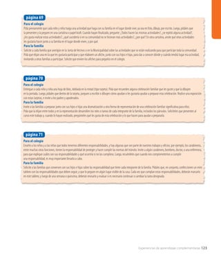 Para el colegio
Pida previamente que cada niño y niña traiga una actividad que haga con su familia en el lugar donde vive; ya sea en foto, dibujo, por escrito. Luego, pídales que
la presenten y la peguen en una cartulina o papel kraft. Cuando hayan finalizado, pregunte: ¿Todos hacen las mismas actividades?, ¿se repitió alguna actividad?,
¿les gusta realizar estas actividades?, ¿qué sucedería si en su comunidad no se hicieran más actividades?, ¿por qué? En otra cartulina, anote qué otras actividades
les gustaría hacer junto a su familia en el lugar donde viven, y por qué.
Para la familia
Solicite a cada familia que averigüe en la Junta deVecinos o en la Municipalidad sobre las actividades que se están realizando para que participe toda la comunidad.
Pida que elijan una en la que les gustaría participar y que elaboren un afiche, junto con sus hijos e hijas, para dar a conocer dónde y cuándo tendrá lugar esa actividad,
invitando a otras familias a participar. Solicite que envíen los afiches para pegarlos en el colegio.
página 69
Para el colegio
Entregue a cada niño y niña una hoja de bloc, doblada en la mitad (tipo tarjeta). Pida que recuerden alguna celebración familiar que les guste y que la dibujen
en la portada. Luego, pídales que dentro de la tarjeta, jueguen a escribir o dibujen cómo ayudan o les gustaría ayudar a preparar esta celebración. Realice una exposición
con estas tarjetas, e invite a los padres y apoderados.
Para la familia
Invite a las familias a preparar junto con sus hijos e hijas una dramatización u otra forma de representación de una celebración familiar significativa para ellos.
Pida que la elijan entre todos y en la representación desarrollen los roles o tareas de cada integrante de la familia, incluidos los párvulos. Solicíteles que presenten al
curso este trabajo y, cuando lo hayan realizado, pregúnteles qué les gusta de esta celebración y lo que hacen para ayudar a prepararla.
página 70
Para el colegio
Enseñe a los niños y a las niñas que todos tenemos diferentes responsabilidades, y hay algunas que son parte de nuestros trabajos y oficios; por ejemplo, los carabineros,
entre muchas otras funciones, tienen la responsabilidad de proteger y hacer cumplir las normas del tránsito. Invite a algún carabinero, bombero, doctor, o una enfermera,
para que explique cuáles son sus responsabilidades y qué ocurriría si no las cumpliera. Luego, recuérdeles que cuando nos comprometemos a cumplir
una responsabilidad, es muy importante llevarla a cabo.
Para la familia
Solicite a las familias que conversen con sus hijos e hijas sobre las responsabilidad que tiene cada integrante de la familia. Pídales que, en conjunto, confeccionen un mini
tablero con las responsabilidades que deben seguir, y que lo peguen en algún lugar visible de la casa. Cada vez que cumplan estas responsabilidades, deberán marcarlo
en este tablero, y luego de una semana o quincena, deberán revisarlo y evaluar si es necesario continuar o cambiar la tarea designada.
página 71
Experiencias de aprendizaje complementarias 123
 