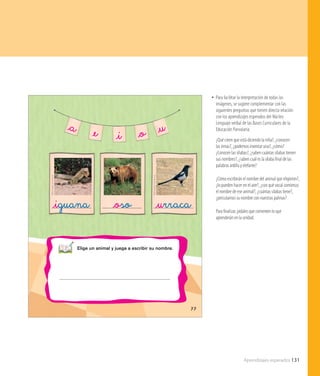 Aprendizajes esperados 131
77
_oso _urraca_iguana
_a _e _i _o _u
Elige un animal y juega a escribir su nombre.
WikimediaCommons
WikimediaCommons
•• Para facilitar la interpretación de todas las
imágenes, se sugiere complementar con las
siguientes preguntas que tienen directa relación
con los aprendizajes esperados del Núcleo
Lenguaje verbal de las Bases Curriculares de la
Educación Parvularia:
¿Qué creen que está diciendo la niña?, ¿conocen
las rimas?, ¿podemos inventar una?, ¿cómo?
¿Conocen las sílabas?, ¿saben cuántas sílabas tienen
sus nombres?, ¿saben cuál es la sílaba final de las
palabras ardilla y elefante?
¿Cómo escribirán el nombre del animal que eligieron?,
¿lo pueden hacer en el aire?, ¿con qué vocal comienza
el nombre de ese animal?, ¿cuántas sílabas tiene?,
¿percutamos su nombre con nuestras palmas?
Para finalizar, pídales que comenten lo que
aprenderán en la unidad.
 