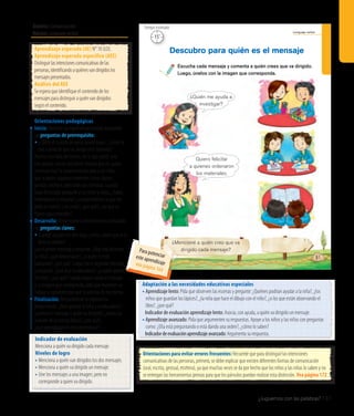 Ámbito: Comunicación
Núcleo: Lenguaje verbal
¿Juguemos con las palabras? 137
Lenguaje verbal
81
Descubro para quién es el mensaje
Escucha cada mensaje y comenta a quién crees que va dirigido.
Luego, únelos con la imagen que corresponda.
¿Mencioné a quién creo que va
dirigido cada mensaje?
¿Quién me ayuda a
investigar?
Quiero felicitar
a quienes ordenaron
los materiales.
15’
Tiempo estimado
Indicador de evaluación
Menciona a quién va dirigido cada mensaje.
Niveles de logro
• Menciona a quién van dirigidos los dos mensajes.
• Menciona a quién va dirigido un mensaje.
• Une los mensajes a una imagen, pero no
corresponde a quien va dirigido.
Aprendizaje esperado (AE) N° 10 (LO).
Aprendizaje esperado específico (AEE)
Distinguirlasintencionescomunicativasdelas
personas,identificandoaquiénesvandirigidoslos
mensajespresentados.
Análisis del AEE
Se espera que identifique el contenido de los
mensajes para distinguir a quién van dirigidos
según el contenido.
Orientaciones pedagógicas
Inicio: Movilice las experiencias previas realizando
las preguntas de prerrequisito:
• ¿Cómo sé cuándo un perro quiere jugar?, ¿cómo se
dan cuenta de que un amigo está contento?
Realice una obra de mimos, en la que usted, solo
con gestos, cuente una breve historia que les guste;
mientras hace la representación pida a los niños
que le pasen algunos materiales como lápices,
pelotas, etcétera, pero todo con mímicas. Cuando
haya finalizado, pregunte a los niños y niñas: ¿Todos
entendieron la historia?, ¿comprendieron lo que les
pidió el mimo?, ¿les costó?, ¿por qué?, ¿en qué se
fijaron para entender?
Desarrollo: Active nuevos conocimientos realizando
las preguntas claves:
• Cuando alguien les dice algo, ¿cómo saben que se lo
dicen a ustedes?
Lea el primer mensaje y pregunte: ¿Qué está diciendo
la niña?, ¿qué desea hacer?, ¿a quien le está
hablando?, ¿por qué? Luego, lea el segundo mensaje
y pregunte: ¿Qué dice la educadora?, ¿a quién quiere
felicitar?, ¿por qué? Cuando hayan unido el mensaje
a la imagen que corresponda, pida que muestren su
trabajo y comenten por qué lo unieron de esa forma.
Finalización: Retroalimente la experiencia
preguntando: ¿Qué querían la niña y la educadora?,
¿unieron el mensaje a quién va dirigido?, ¿todos los
unieron de la misma forma?, ¿por qué?,
¿qué aprendieron en esta experiencia?
Adaptación a las necesidades educativas especiales
• Aprendizaje lento: Pida que observen las escenas y pregunte: ¿Quiénes podrían ayudar a la niña?, ¿los
niños que guardan los lápices?, ¿la niña que hace el dibujo con el niño?, ¿o los que están observando el
libro?, ¿por qué?
	 Indicador de evaluación aprendizaje lento: Asocia, con ayuda, a quién va dirigido un mensaje.
• Aprendizaje avanzado: Pida que argumenten su respuestas. Apoye a los niños y las niñas con preguntas
como: ¿Ella está preguntando o está dando una orden?, ¿cómo lo saben?
	 Indicadordeevaluaciónaprendizajeavanzado:Argumenta su respuesta.
Orientaciones para evitar errores frecuentes: Recuerde que para distinguir las intenciones
comunicativas de las personas, primero, se debe explicar que existen diferentes formas de comunicación
(oral, escrita, gestual, etcétera), ya que muchas veces se da por hecho que los niños y las niñas lo saben y no
se entregan las herramientas previas para que los párvulos puedan realizar esta distinción. Vea página 172
Para potenciareste aprendizajevea página 164
 