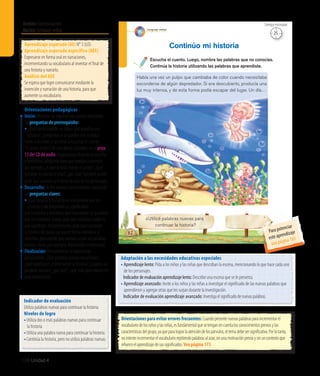 Ámbito:Comunicación
Núcleo:Lenguajeverbal
138 Unidad 4
Lenguaje verbal
82
Escucha el cuento. Luego, nombra las palabras que no conocías.
Continúa la historia utilizando las palabras que aprendiste.
Continúo mi historia
¿Utilicé palabras nuevas para
continuar la historia?
Había una vez un pulpo que cambiaba de color cuando necesitaba
esconderse de algún depredador. Si era descubierto, producía una
luz muy intensa, y de esta forma podía escapar del lugar. Un día…
25
Tiempo estimado
Aprendizaje esperado (AE) N° 3 (LO).
Aprendizaje esperado específico (AEE)
Expresarse en forma oral en narraciones,
incrementando su vocabulario al inventar el final de
una historia y narrarlo.
Análisis del AEE
Se espera que logre comunicarse mediante la
invención y narración de una historia, para que
aumente su vocabulario.
Orientaciones pedagógicas
Inicio: Movilice las experiencias previas realizando
las preguntas de prerrequisito:
• ¿Qué hacen cuando no saben qué significa una
palabra?, ¿preguntan o se quedan con la duda?
Invite a los niños y las niñas a escuchar el cuento
“El pulpo tiritón”, de Ana María Güiraldes, en la pista
13 del CD de audio. Haga pausas durante la escucha
y formúleles preguntas para que puedan comentar,
por ejemplo: ¿A qué le tenía miedo el pulpo?, ¿qué
botaban los barcos al mar?, ¿por qué?También puede
pedir que cuenten la historia de uno de los personajes.
Desarrollo: Active nuevos conocimientos realizando
las preguntas claves:
• ¿Qué pasaría si escucharan una palabra que no
conocen y no preguntan su significado?
Lea la historia y solicíteles que mencionen las palabras
que no conozcan. Luego, pida que conversen sobre lo
que significan. Posteriormente, pida que continúen
la historia del pulpo, ya sea en forma individual o
colectiva, procurando que vuelvan a usar las palabras
nuevas, como, por ejemplo, depredador e intensidad.
Finalización:Retroalimente la experiencia
preguntando: ¿Qué palabras nuevas escucharon?,
¿qué significan?, ¿continuaron la historia?, ¿usaron las
palabras nuevas?, ¿por qué?, ¿qué más aprendieron en
esta experiencia?
Adaptación a las necesidades educativas especiales
• Aprendizaje lento: Pida a los niños y las niñas que describan la escena, mencionando lo que hace cada uno
de los personajes.
	 Indicadordeevaluaciónaprendizajelento:Describe una escena que se le presenta.
• Aprendizaje avanzado: Invite a los niños y las niñas a investigar el significado de las nuevas palabras que
aprendieron y agregar otras que les surjan durante la investigación.
	 Indicador de evaluación aprendizaje avanzado: Investigaelsignificadodenuevaspalabras.
Indicador de evaluación
Utiliza palabras nuevas para continuar la historia.
Niveles de logro
•	Utiliza dos o más palabras nuevas para continuar
la historia.
•	Utiliza una palabra nueva para continuar la historia.
•	Continúa la historia, pero no utiliza palabras nuevas.
Orientaciones para evitar errores frecuentes: Cuandopresentenuevaspalabrasparaincrementarel
vocabulariodelosniñosylasniñas,esfundamentalquesetenganencuentalosconocimientospreviosylas
característicasdelgrupo,yaqueparalograrlaatencióndelospárvulos,eltemadebesersignificativo.Porlotanto,
nointenteincrementarelvocabulariorepitiendopalabrasalazar,sinunamotivaciónpreviaysinuncontextoque
refuerceelaprendizajedesussignificados.Vea página 173
Para potenciar
este aprendizaje
vea página 165
 
