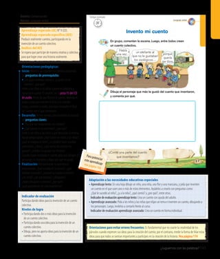 Ámbito: Comunicación
Núcleo: Lenguaje verbal
¿Juguemos con las palabras? 143
Lenguaje verbal
87
En grupo, comenten la escena. Luego, entre todos creen
un cuento colectivo.
Dibuja el personaje que más te gustó del cuento que inventaron,
y comenta por qué.
Invento mi cuento
¿Conté una parte del cuento
que inventamos?
Había
una vez…
un elefante al
que no le gustaban
los zoológicos…
porque
quería
ser libre.
20’
Tiempo estimado
Aprendizaje esperado (AE) N° 9 (LO).
Aprendizaje esperado específico (AEE)
Producir oralmente cuentos, participando en la
invención de un cuento colectivo.
Análisis del AEE
Se espera que participe de manera creativa y colectiva
para que logre crear una historia oralmente.
Orientaciones pedagógicas
Inicio: Movilice las experiencias previas realizando
las preguntas de prerrequisito:
•	¿Les gusta inventar cuentos?, ¿a quién se los
cuentan?, ¿por qué?
Invite a los niños y las niñas a ponerse cómodos y
escuchar el cuento“El arcoíris”, en la pista 15 del CD
de audio. Antes de que finalice el cuento, detenga el
audio y pida que inventen el final y lo cuenten.
Luego, continúe el audio, para que comparen el final
del cuento con el que inventaron.
Desarrollo: Active nuevos conocimientos realizando
las preguntas claves:
• ¿Por qué son importantes los cuentos?
• ¿Qué pasaría si no existieran?, ¿por qué?
Invite a los niños y las niñas a que describan la escena.
Apoye preguntando: ¿Qué hacen los niños y las niñas?,
¿qué se imagina el niño?, ¿es posible hacer cuentos
colectivos?, ¿cómo?, ¿qué temas de cuentos les
gustan?, ¿a todos les gustan los mismos?
Cuando hayan realizado el cuento, pida que dibujen al
personaje, lo muestren y digan por qué les gustó.
Finalización: Retroalimente la experiencia
preguntando: ¿Qué sucedía en la escena?, ¿qué
estaban haciendo?, ¿crearon su cuento colectivo?,
¿les costó?, ¿de qué trataba?, ¿dibujaron?,
¿todos dibujaron lo mismo?, ¿por qué?,
¿qué aprendieron en esta experiencia?
Adaptación a las necesidades educativas especiales
• Aprendizaje lento: En una hoja dibuje un niño, una niña, una flor y una manzana, y pida que inventen
un cuento en el que usen uno o más de estos elementos. Ayúdelos a crearlo con preguntas como:
¿Qué le sucedió al niño?, ¿y a la niña?, ¿qué comió? y ¿por qué?, entre otras.
	 Indicadordeevaluaciónaprendizajelento:Crea un cuento con ayuda del adulto.
• Aprendizaje avanzado: Pida a los niños y las niñas que elijan un tema e inventen un cuento, dibujando a
los personajes. Luego, invítelos a contarlo frente al curso.
	 Indicador de evaluación aprendizaje avanzado: Crea un cuento en forma individual.
Orientaciones para evitar errores frecuentes: Es fundamental que no coarte la creatividad de los
párvulos cuando expresen sus ideas para la creación del cuento; por el contrario, medie la forma de hilar estas
ideas para que todos se sientan importantes y partícipes en la creación de la historia. Vea página 174
Indicador de evaluación
Participa dando ideas para la invención de un cuento
colectivo.
Niveles de logro
• Participa dando dos o más ideas para la invención
de un cuento colectivo.
• Participa dando una idea para la invención de un
cuento colectivo.
• Dibuja, pero no aporta ideas para la invención de un
cuento colectivo.
Para potenciareste aprendizajevea página 166
 