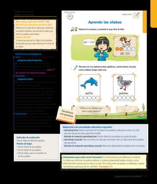 Ámbito: Comunicación
Núcleo: Lenguaje verbal
¿Juguemos con las palabras? 145
20’
Tiempo estimado
Lenguaje verbal
89
¿Percutí las sílabas que
tiene cada palabra?
Observa la escena y comenta lo que dice la niña.
Aprendo las sílabas
Percute con tus palmas estas palabras y pinta tantos círculos
como sílabas tenga cada una.
pe - rro
pe rro
delfín paloma
20’
Tiempo estimado
Indicador de evaluación
Percute sílabas de diferentes palabras.
Niveles de logro
• Percute sílabas de dos palabras.
• Percute sílabas de una palabra.
• Percute sílabas, pero no coinciden con
las de la palabra.
Orientaciones pedagógicas
Inicio: Movilice las experiencias previas realizando
las preguntas de prerrequisito:
• ¿Todas las palabras son iguales?, ¿por qué?
• ¿Han jugado a separar las palabras?, ¿cómo?
Pida a los niños y las niñas que realicen la página 11
del Cuaderno de trabajo de Lenguaje.
Desarrollo: Active nuevos conocimientos realizando
las preguntas claves:
•	¿Qué pasaría si todas las palabras tuvieran la misma
cantidad de sílabas?, ¿por qué?
Invite a los niños y las niñas a describir la escena
preguntando: ¿Qué hace la niña?, ¿qué está diciendo?,
¿cuántas sílabas tiene la palabra perro? Percutan en
conjunto la palabra para corroborar lo que dijeron.
Luego, haga lo mismo con las palabras delfín y
paloma. Cuando hayan finalizado, pida que compartan
sus respuestas en grupos y entre todos percutan las
sílabas para comprobar sus respuestas.
Finalización: Retroalimente la experiencia
preguntando: ¿Qué sucedía en la escena?, ¿qué hacía
la niña?, ¿cuántas sílabas tiene la palabra perro?,
¿percutieron las sílabas de las palabras paloma
y delfín?, ¿cuántas sílabas tiene cada una?, ¿qué
aprendieron en esta experiencia?
Adaptación a las necesidades educativas especiales
• Aprendizajelento:Realice la percusión de las sílabas de las palabras y pida que los niños y las niñas
percutan después de usted, siguiendo el modelo.
	 Indicadordeevaluaciónaprendizajelento:Percute sílabas de una palabra con ayuda del adulto.
• Aprendizaje avanzado: Pida a los niños y las niñas que mencionen cuál es la sílaba inicial de las palabras
que percutieron.
	 Indicador de evaluación aprendizaje avanzado:Mencionalasílabainicialdelaspalabrasqueselepresentan.
Orientaciones para evitar errores frecuentes: Es fundamental que, para diferenciar el sonido de
las sílabas que conforman las palabras habladas, se comience proponiendo palabras simples y cortas,
preferentemente conocidas por los niños y las niñas. Por lo tanto, evite usar palabras con diptongos o grupos
consonánticos, puesto que solo los confundirá. Vea página 175
Aprendizaje esperado (AE) N° 11 (LO).
Aprendizaje esperado específico (AEE)
Diferenciar el sonido de las sílabas que conforman
las palabras habladas, percutiendo las sílabas que
tienen las palabras presentadas.
Análisis del AEE
Se espera que percuta las sílabas de dos palabras
presentadas para que logre diferenciar el sonido de
las sílabas.
Para potenciareste aprendizajevea página 166
 