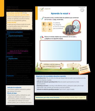 Ámbito:Comunicación
Núcleo:Lenguajeverbal
148 Unidad 4
15’
Tiempo estimado
Lenguaje verbal
¿Nombré todas las palabras
que comienzan con la vocal e?
Escucha la rima y nombra todas las palabras que comienzan
con la vocal e. Luego, enciérralas.
Aprendo la vocal e
92
Busca en revistas objetos que comiencen con la vocal e,
y pégalos en el siguiente espejo.
E
E
e
_e
Un elefante,
muy elegante,
se mira en el espejo
para escobillarse.
Indicador de evaluación
Asocia fonema y grafema, nombrando las palabras
que comienzan con la vocal e.
Niveles de logro
•	Asocia fonema y grafema, nombrando las cuatro
palabras que comienzan con la vocal e.
•	Asocia fonema y grafema, nombrando menos de
cuatro palabras que comienzan con la vocal e.
•	Nombra palabras, pero no comienzan con la vocal e.
Aprendizaje esperado (AE) N° 4 (LE).
Aprendizaje esperado específico (AEE)
Iniciarse en la interpretación de signos escritos en
contextos con significado, asociando los fonemas
(vocal e) a sus correspondientes grafemas.
Análisis del AEE
Seesperaqueasocieelfonema(sonido)delavocale
ysurespectivografema(signoescrito),paraque
comienceainterpretarlaescritura.
Orientaciones pedagógicas
Inicio: Movilice las experiencias previas realizando
las preguntas de prerrequisito:
• ¿Conocen la vocal e?, ¿cómo es?, ¿qué palabra 	
	 conocen que comience igual que elefante?
Invite a los niños y las niñas a buscar en revistas
diferentes palabras que comiencen con la vocal e. Luego,
pregunte: ¿Qué otras palabras conocen que comienzan
con la vocal e?
Organice dentro de su planificación el trabajo
de las páginas 38, 39, 50 y 51 del Cuaderno
complementario de Lenguaje para potenciar
el aprendizaje.
Desarrollo: Active nuevos conocimientos realizando
las preguntas claves:
• ¿Conocen cómo se escribe la vocal e?, ¿se podrían 	
		 entender si solo pronunciaran esta vocal al hablar?
Invite a los niños y las niñas a escuchar la rima y, cuando
hayan encerrado todas las palabras que comienzan
con la vocal e, pida que mencionen qué otras palabras
conocen que comienzan con esta vocal. Luego, invite
a buscar objetos que comiencen con la vocal e, para
pegarlos en el espejo.
Finalización: Retroalimente la experiencia
preguntando: ¿Escucharon la rima?, ¿les gustó?,
¿dónde se miraba el elefante?, ¿para qué se miraba en el
espejo?, ¿qué pegaron en el espejo?, ¿todos pegaron los
mismos objetos?, ¿qué aprendieron en esta experiencia?
Adaptación a las necesidades educativas especiales
• Aprendizaje lento: Pida a los niños y las niñas que marquen todas las vocales e que encuentren en la rima
y que las compartan, en parejas.
	 Indicador de evaluación aprendizaje lento: Marca las vocales e que encuentra en un texto
que se le presenta.
• Aprendizaje avanzado: En una hoja, escriba diferentes vocales e, y pida que las copien, junto a la que
usted escribió. Luego, solicíteles que mencionen la vocal que escribieron.
	 Indicadordeevaluaciónaprendizajeavanzado:Copia la vocal e, según el modelo.
Orientaciones para evitar errores frecuentes: Para este aprendizaje esperado, diríjase a la página 147.
15’
Tiempo estimado
Para potenciar
este aprendizaje
vea página 167
 