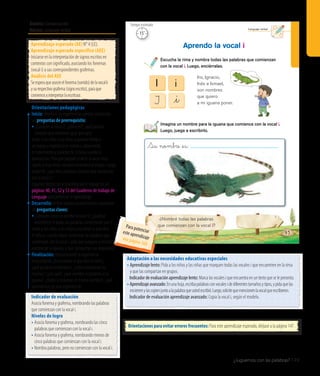 Ámbito: Comunicación
Núcleo: Lenguaje verbal
¿Juguemos con las palabras? 149
20’
Tiempo estimado
Lenguaje verbal
93
¿Nombré todas las palabras
que comienzan con la vocal i?
Escucha la rima y nombra todas las palabras que comienzan
con la vocal i. Luego, enciérralas.
Imagina un nombre para la iguana que comience con la vocal i.
Luego, juega a escribirlo.
Aprendo la vocal i
I
I
i
_i
Iris, Ignacio,
Inés e Ismael,
son nombres
que quiero
a mi iguana poner.
Su nombre _es:
Indicador de evaluación
Asocia fonema y grafema, nombrando las palabras
que comienzan con la vocal i.
Niveles de logro
• Asocia fonema y grafema, nombrando las cinco
palabras que comienzan con la vocal i.
• Asocia fonema y grafema, nombrando menos de
cinco palabras que comienzan con la vocal i.
• Nombra palabras, pero no comienzan con la vocal i.
Aprendizaje esperado (AE) N° 4 (LE).
Aprendizaje esperado específico (AEE)
Iniciarse en la interpretación de signos escritos en
contextos con significado, asociando los fonemas
(vocal i) a sus correspondientes grafemas.
Análisis del AEE
Seesperaqueasocieelfonema(sonido)delavocali
ysurespectivografema(signoescrito),paraque
comienceainterpretarlaescritura.
Orientaciones pedagógicas
Inicio: Movilice las experiencias previas realizando
las preguntas de prerrequisito:
• ¿Conocen la vocal i?, ¿cómo es?, ¿qué palabra
conocen que comience igual que iglú?
Invite a los niños y las niñas a ponerse frente a
un espejo y reproducir el sonido i, observando
el movimiento y posición de la boca cuando lo
pronuncian. Pida que jueguen a decir la vocal muy
rápido y muy lento, siempre mirándose al espejo. Luego,
pregunte: ¿qué otras palabras conocen que comienzan
con la vocal i?
Organice dentro de su planificación el trabajo de las
páginas 40, 41, 52 y 53 del Cuaderno de trabajo de
Lenguaje para potenciar el aprendizaje.
Desarrollo: Active nuevos conocimientos realizando
las preguntas claves:
•	¿Conocen cómo se escribe la vocal i?, ¿podrían
entenderse si todas las palabras comenzaran con i?
Invite a los niños y las niñas a escuchar lo que dice
el niño y, cuando hayan encerrado las palabras que
comienzan con la vocal i, pida que jueguen a escribir el
nombre de la iguana, y que compartan sus respuestas.
Finalización: Retroalimente la experiencia
preguntando: ¿Escucharon lo que dice el niño?,
¿qué palabras encerraron?, ¿todos encerraron las
mismas?, ¿por qué?, ¿qué nombre le pusieron a la
iguana?, ¿todos le pusieron el mismo nombre?, ¿qué
aprendieron en esta experiencia?
Orientaciones para evitar errores frecuentes: Para este aprendizaje esperado, diríjase a la página 147 .
Adaptación a las necesidades educativas especiales
• Aprendizaje lento: Pida a los niños y las niñas que marquen todas las vocales i que encuentren en la rima
y que las compartan en grupos.
	 Indicadordeevaluaciónaprendizajelento:Marcalasvocalesiqueencuentraenuntextoqueselepresenta.
• Aprendizajeavanzado:Enunahoja,escribapalabrasconvocalesidediferentestamañosytipos,ypidaquelas
encierrenylascopienjuntoalapalabraqueustedescribió.Luego,solicitequemencionenlavocalqueescribieron.
	 Indicador de evaluación aprendizaje avanzado: Copia la vocal i, según el modelo.
15’
Tiempo estimado
Para potenciareste aprendizajevea página 168
 