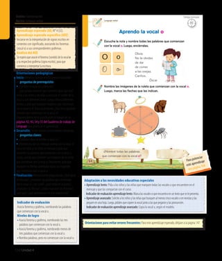 Ámbito:Comunicación
Núcleo:Lenguajeverbal
150 Unidad 4
15’
Tiempo estimado
Lenguaje verbal
94
¿Nombré todas las palabras
que comienzan con la vocal o?
Nombra las imágenes de la ruleta que comienzan con la vocal o.
Luego, marca las ﬂechas que las indican.
Escucha la nota y nombra todas las palabras que comienzan
con la vocal o. Luego, enciérralas.
Aprendo la vocal o
O
�
o
o
Olivia:
No te olvides
de dar
de comer
a las ovejas.
Cariños.
Óscar
Indicador de evaluación
Asocia fonema y grafema, nombrando las palabras
que comienzan con la vocal o.
Niveles de logro
•	Asocia fonema y grafema, nombrando las tres
palabras que comienzan con la vocal o.
•	Asocia fonema y grafema, nombrando menos de
tres palabras que comienzan con la vocal o.
•	Nombra palabras, pero no comienzan con la vocal o.
Aprendizaje esperado (AE) N° 4 (LE).
Aprendizaje esperado específico (AEE)
Iniciarse en la interpretación de signos escritos en
contextos con significado, asociando los fonemas
(vocal o) a sus correspondientes grafemas.
Análisis del AEE
Seesperaqueasocieelfonema(sonido)delavocalo
ysurespectivografema(signoescrito),paraque
comienceainterpretarlaescritura.
Orientaciones pedagógicas
Inicio: Movilice las experiencias previas realizando
las preguntas de prerrequisito:
•	¿Conocen la vocal o?, ¿cómo es?,
	 ¿qué palabra conocen que comience igual que oso?
Invite a los niños y las niñas a vocalizar el sonido de la
vocal o, con diferentes tonos. Luego, ofrezca diferentes
revistas y pida que busquen imágenes que comienzan
con la vocal o. Al finalizar pregunte: ¿Qué otras palabras
conocen que comienzan con la vocal o?
Organice dentro de su planificación el trabajo de las
páginas 42, 43, 54 y 55 del Cuaderno de trabajo de
Lenguaje para potenciar el aprendizaje.
Desarrollo: Active nuevos conocimientos realizando
las preguntas claves:
• ¿Conocen cómo se escribe la vocal o?,
• ¿Podrían escribir un mensaje usando solo la vocal o?
Lea a los niños y las niñas el mensaje y pida que
encierren las palabras que comienzan con la vocal o.
Luego, solicite que nombren las imágenes de la ruleta
que comienzan con la vocal o. Finalmente, pida que
marquen las flechas orientadas hacia las imágenes
que comienzan con la vocal o.
Finalización: Retroalimente preguntando: ¿Qué decía
el mensaje?, ¿marcaron las palabras que comienzan
con la vocal o?, ¿les costó?, ¿qué había en la ruleta?,
¿marcaron las flechas?, ¿todos marcaron las mismas?,
¿por qué?, ¿qué aprendieron en esta experiencia?
Adaptación a las necesidades educativas especiales
• Aprendizaje lento: Pida a los niños y las niñas que marquen todas las vocales o que encuentren en el
mensaje y que las compartan con el curso.
	 Indicadordeevaluaciónaprendizajelento:Marcalasvocalesoqueencuentraenuntextoqueselepresenta.
• Aprendizajeavanzado:Solicitealosniñosylasniñasquebusquenalmenoscincovocalesoenrevistasylas
peguenenunahoja.Luego,pídalesquecopienlavocaljuntoalasquepegaronylaspronuncien.	
Indicadordeevaluaciónaprendizajeavanzado:Copia la vocal o, según el modelo.
Orientaciones para evitar errores frecuentes: Para este aprendizaje esperado, diríjase a la página 147.
15’
Tiempo estimado
Para potenciar
este aprendizaje
vea página 168
 