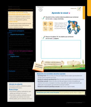 Ámbito: Comunicación
Núcleo: Lenguaje verbal
¿Juguemos con las palabras? 151
20’
Tiempo estimado
Lenguaje verbal
Escucha la rima y nombra todas las palabras que comienzan
con la vocal u. Luego, enciérralas.
Aprendo la vocal u
¿Nombré todas las palabras
que comienzan con la vocal u?
95
Busca en la página 191, los objetos que comienzan
con la vocal u y pégalos.
U
U
u
_u
Urano empieza con “u”
igual que uva y urraca.
Si quiero llegar a él,
al unicornio buscaré.
Indicador de evaluación
Asocia fonema y grafema, nombrando las palabras
que comienzan con la vocal u.
Niveles de logro
• Asocia fonema y grafema, nombrando las cuatro
palabras que comienzan con la vocal u.
• Asocia fonema y grafema, nombrando menos de
cuatro palabras que comienzan con la vocal u.
• Nombra palabras, pero no comienzan con la vocal u.
Aprendizaje esperado (AE) N° 4 (LE).
Aprendizaje esperado específico (AEE)
Iniciarse en la interpretación de signos escritos en
contextos con significado, asociando los fonemas
(vocal u) a sus correspondientes grafemas.
Análisis del AEE
Seesperaqueasocieelfonema(sonido)delavocalu
ysurespectivografema(signoescrito),paraque
comienceainterpretarlaescritura.
Orientaciones pedagógicas
Inicio: Movilice las experiencias previas realizando
las preguntas de prerrequisito:
• ¿Conocen la vocal u?, ¿cómo es?, ¿qué palabras
conocen que comiencen igual que uva?
Invite a los niños y las niñas a pensar en objetos que
comienzan con este sonido inicial. Luego, deben
escoger uno de ellos y dibujarlo. Al finalizar pregunte:
¿Qué otras palabras conocen que comienzan con la
vocal u?
Organice dentro de su planificación el trabajo de las
páginas 44, 45, 56 y 57 del Cuaderno de trabajo de
Lenguaje para potenciar el aprendizaje.
Desarrollo: Active nuevos conocimientos realizando
las preguntas claves:
•	¿Conocen cómo se escribe la vocal u?, ¿podrían
hablar si solamente pronunciaran la vocal u?
Lea a los niños y las niñas la rima y pida que encierren
las palabras que comienzan con la vocal u. Luego,
invítelos a buscar los objetos que comienzan con la
vocal u en los recortables y, cuando los hayan pegado,
pida que compartan sus trabajos en grupos.
Finalización: Retroalimente la experiencia
preguntando: ¿Qué decía la rima?, ¿marcaron las
palabras que comienzan con la vocal u?, ¿todos
marcaron lo mismo?, ¿les costó?, ¿pegaron los objetos
que comienzan con la vocal u?, ¿qué más aprendieron
en esta experiencia?
Orientaciones para evitar errores frecuentes: Para este aprendizaje esperado, diríjase a la página 147.
Adaptación a las necesidades educativas especiales
• Aprendizaje lento: Pida a los niños y las niñas que marquen todas las vocales u que encuentren en el
mensaje y que las compartan con el curso.
	 Indicadordeevaluaciónaprendizajelento:Marcalasvocalesuqueencuentraenuntextoqueselepresenta.
• Aprendizaje avanzado: Solicite a los niños y las niñas que busquen al menos cinco palabras que
comiencen con la vocal u y las peguen en una hoja. Luego, pídales que copien la vocal inicial de cada
palabra junto a la que pegaron y que mencionen la vocal que escribieron.
	 Indicador de evaluación aprendizaje avanzado: Copia la vocal u, según el modelo.
15’
Tiempo estimado
Para potenciareste aprendizajevea página 168
 
