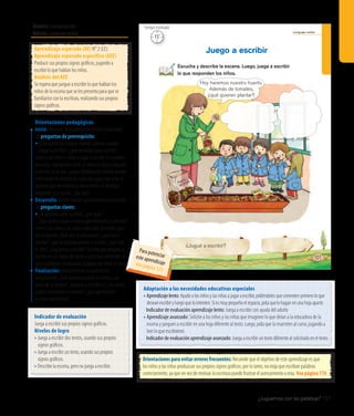 Ámbito: Comunicación
Núcleo: Lenguaje verbal
¿Juguemos con las palabras? 157
20’
Tiempo estimado
Lenguaje verbal
Escucha y describe la escena. Luego, juega a escribir
lo que responden los niños.
Juego a escribir
¿Jugué a escribir?
101
Hoy haremos nuestro huerto.
Además de tomates,
¿qué quieren plantar?
Indicador de evaluación
Juega a escribir sus propios signos gráficos.
Niveles de logro
• Juega a escribir dos textos, usando sus propios
signos gráficos.
• Juega a escribir un texto, usando sus propios
signos gráficos.
• Describe la escena, pero no juega a escribir.
Aprendizaje esperado (AE) N° 2 (LE).
Aprendizaje esperado específico (AEE)
Producir sus propios signos gráficos, jugando a
escribir lo que hablan los niños.
Análisis del AEE
Se espera que juegue a escribir lo que hablan los
niños de la escena que se les presenta para que se
familiarice con la escritura, realizando sus propios
signos gráficos.
Orientaciones pedagógicas
Inicio: Movilice las experiencias previas realizando
las preguntas de prerrequisito:
• ¿Qué partes del cuerpo mueven ustedes cuando
juegan a escribir?, ¿qué necesitan para escribir?
Invite a los niños y niñas a jugar a escribir su nombre;
para ello, explíqueles cómo se toma el lápiz y jueguen
a escribir en el aire. Luego, entrégueles tarjetas donde
esté escrito el nombre de cada uno, para que ellos lo
puedan usar de modelo y transcribirlo. Al finalizar,
pregunte: ¿Les costó?, ¿por qué?
Desarrollo: Active nuevos conocimientos realizando
las preguntas claves:
•	¿Te gustaría saber escribir?, ¿por qué?
¿Qué podría pasar si nunca aprendiéramos a escribir?
Invite a los niños y las niñas a describir la escena; para
ello pregunte: ¿Qué dice la educadora?, ¿qué van a
plantar?, ¿qué le gustaría plantar a la niña?, ¿qué dirá
el niño?, ¿juguemos a escribir? Solicite que jueguen a
escribir en las nubes de textos y pida que comenten lo
que escribieron, mostrando la página del texto al curso.
Finalización: Retroalimente la experiencia
preguntando: ¿Qué quieren plantar los niños y las
niñas de la escena?, ¿jugaron a escribirlo?, ¿les costó?,
¿todos escribieron lo mismo?, ¿qué aprendieron
en esta experiencia?
Orientaciones para evitar errores frecuentes: Recuerde que el objetivo de este aprendizaje es que
los niños y las niñas produzcan sus propios signos gráficos; por lo tanto, no exija que escriban palabras
correctamente, ya que en vez de motivar la escritura puede frustrar el acercamiento a esta. Vea página 176
Adaptación a las necesidades educativas especiales
• Aprendizajelento:Ayudealosniñosylasniñasajugaraescribir,pidiéndolesquecomentenprimeroloque
deseanescribiryluegoquelointenten.Siesmuypequeñoelespacio,pidaquelohaganenunahojaaparte.
	 Indicador de evaluación aprendizaje lento: Juega a escribir con ayuda del adulto
• Aprendizaje avanzado: Solicite a los niños y las niñas que imaginen lo que dirían a la educadora de la
escena y jueguen a escribir en una hoja diferente al texto. Luego, pida que la muestren al curso, jugando a
leer lo que escribieron.
	 Indicador de evaluación aprendizaje avanzado: Juega a escribir un texto diferente al solicitado en el texto.
15’
Tiempo estimado
Para potenciareste aprendizajevea página 170
 
