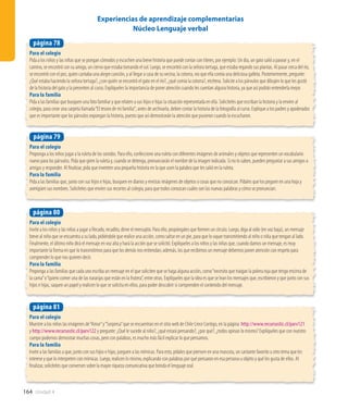 164 Unidad 4
Para el colegio
Proponga a los niños jugar a la ruleta de los sonidos. Para ello, confeccione una ruleta con diferentes imágenes de animales y objetos que representen un vocabulario
nuevo para los párvulos. Pida que giren la ruleta y, cuando se detenga, pronunciarán el nombre de la imagen indicada. Si no lo saben, pueden preguntar a sus amigos o
amigas y responder. Al finalizar, pida que inventen una pequeña historia en la que usen la palabra que les salió en la ruleta.
Para la familia
Pida a las familias que, junto con sus hijos e hijas, busquen en diarios y revistas imágenes de objetos o cosas que no conozcan. Pídales que los peguen en una hoja y
averigüen sus nombres. Solicíteles que envíen sus recortes al colegio, para que todos conozcan cuáles son las nuevas palabras y cómo se pronuncian.
página 79
Para el colegio
Pida a los niños y las niñas que se pongan cómodos y escuchen una breve historia que puede contar con títeres, por ejemplo: Un día, un gato salió a pasear y, en el
camino, se encontró con su amigo, un ciervo que estaba tomando el sol. Luego, se encontró con la señora tortuga, que estaba regando sus plantas. Al pasar cerca del río,
se encontró con el pez, quien cantaba una alegre canción, y al llegar a casa de su vecina, la cotorra, vio que ella comía una deliciosa galleta. Posteriormente, pregunte:
¿Qué estaba haciendo la señora tortuga?, ¿con quién se encontró el gato en el río?, ¿qué comía la cotorra?, etcétera. Solicite a los párvulos que dibujen lo que les gustó
de la historia del gato y la presenten al curso. Explíqueles la importancia de poner atención cuando les cuentan alguna historia, ya que así podrán entenderla mejor.
Para la familia
Pida a las familias que busquen una foto familiar y que relaten a sus hijos e hijas la situación representada en ella. Solicíteles que escriban la historia y la envíen al
colegio, para crear una carpeta llamada“El tesoro de mi familia”; antes de archivarla, deben contar la historia de la fotografía al curso. Explique a los padres y apoderados
que es importante que los párvulos expongan la historia, puesto que así demostrarán la atención que pusieron cuando la escucharon.
página 78
Para el colegio
Invite a los niños y las niñas a jugar a Recado, recadito, dime el mensajito. Para ello, propóngales que formen un círculo. Luego, diga al oído (en voz baja), un mensaje
breve al niño que se encuentra a su lado, pidiéndole que realice una acción, como saltar en un pie, para que lo vayan transmitiendo al niño o niña que tengan al lado.
Finalmente, el último niño dirá el mensaje en voz alta y hará la acción que se solicitó. Explíqueles a los niños y las niñas que, cuando damos un mensaje, es muy
importante la forma en que lo transmitimos para que los demás nos entiendan; además, los que recibimos un mensaje debemos poner atención con respeto para
comprender lo que nos quieren decir.
Para la familia
Proponga a las familias que cada uno escriba un mensaje en el que soliciten que se haga alguna acción, como“necesito que traigan la polera roja que tengo encima de
la cama”o“quiero comer una de las naranjas que están en la frutera”, entre otras. Explíqueles que la idea es que se lean los mensajes que, escribieron y que junto con sus
hijos e hijas, saquen un papel y realicen lo que se solicita en ellos, para poder descubrir si comprenden el contenido del mensaje.
página 80
Para el colegio
Muestre a los niños las imágenes de“Amor”y“Sorpresa”que se encuentran en el sitio web de Chile Crece Contigo, en la página: http://www.recursostic.cl/parv121
y http://www.recursostic.cl/parv122 y pregunte: ¿Qué le sucede al niño?, ¿qué estará pensando?, ¿por qué?, ¿todos opinan lo mismo? Explíqueles que con nuestro
cuerpo podemos demostrar muchas cosas, pero con palabras, es mucho más fácil explicar lo que pensamos.
Para la familia
Invite a las familias a que, junto con sus hijos e hijas, jueguen a las mímicas. Para esto, pídales que piensen en una mascota, un cantante favorito u otro tema que les
interese y que lo interpreten con mímicas. Luego, realicen lo mismo, explicando con palabras por qué pensaron en esa persona u objeto y qué les gusta de ellos. Al
finalizar, solicíteles que conversen sobre la mayor riqueza comunicativa que brinda el lenguaje oral.
página 81
Experiencias de aprendizaje complementarias
Núcleo Lenguaje verbal
 