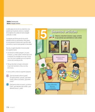178 Unidad 5
Ámbito:Comunicación
Núcleo:Lenguajesartísticos
106
5Unidad
Seamos artistas
Observa y describe la escena. Luego, comenta
lo que piensas que aprenderás en esta unidad.
Apreciar obras
artísticas.
1
Usar diferentes
técnicas
y materiales.
2
La doble página de inicio de esta unidad tiene como
propósito que los párvulos conozcan y se apropien
de los objetivos de la unidad, de manera amigable
y adecuada a su edad.
Las preguntas que forman parte de esta sección
pretenden activar sus conocimientos e ideas previos,
así como promover la relación entre lo que ellos saben
y han hecho y lo que les tocará aprender en esta unidad.
Para esto, se sugiere desarrollar el inicio de unidad
de la siguiente manera:
•• Lea título de la unidad y pregunte: ¿Les gusta
la música?, ¿y cantar o bailar? Comente que el arte
se relaciona con actividades de ese tipo o incluso
con el cine, que es probable que sea la expresión
artística más conocida por ellos.
•• Pida que describan la imagen y mencionen
lo que están haciendo los niños y las niñas
de la escena.
•• Lea los carteles y realice las siguientes preguntas:
1 	 ¿Qué está mirando el niño en la pared?,
	 ¿les gustó la pintura?, ¿por qué?, ¿qué sienten
	 al verla? ¿Cómo es la escultura?, ¿qué sienten
	 al verla?
2 	 ¿Qué hacen los niños en la mesa?, ¿y el niño en 	
	 el atril?, ¿qué materiales están usando?, ¿usan 	
	 diferentes técnicas?, ¿cuáles?
 