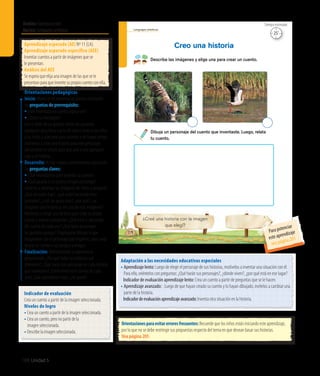 Ámbito:Comunicación
Núcleo:Lenguajesartísticos
188 Unidad 5
Lenguajes artísticos
114
Creo una historia
Describe las imágenes y elige una para crear un cuento.
Dibuja un personaje del cuento que inventaste. Luego, relata
tu cuento.
¿Creé una historia con la imagen
que elegí?
25’
Tiempo estimado
Indicador de evaluación
Crea un cuento a partir de la imagen seleccionada.
Niveles de logro
• Creauncuentoapartirdelaimagenseleccionada.
• Creauncuento,peronopartirdela
imagenseleccionada.
• Describelaimagenseleccionada.
Aprendizaje esperado (AE) Nº 11 (LA).
Aprendizaje esperado específico (AEE)
Inventar cuentos a partir de imágenes que se
le presentan.
Análisis del AEE
Se espera que elija una imagen de las que se le
presentan para que invente su propio cuento con ella.
Orientaciones pedagógicas
Inicio: Movilice las experiencias previas realizando
las preguntas de prerrequisito:
•	¿Han inventado un cuento alguna vez?
•	¿Cómo lo inventaron?
Con el dedo de un guante, forme un gusanito,
agréguele ojos, boca o pelo de lana e invite a los niños
y las niñas a acercarse para conocer a un nuevo amigo,
motívelos a crear una historia para este personaje,
ubicándose en círculo para que uno a uno agreguen
algo a la historia.
Desarrollo: Active nuevos conocimientos realizando
las preguntas claves:
•¿Qué necesitamos para inventar un cuento?
•¿Qué pasaría si no tuviera ningún personaje?
Invítelos a observar las imágenes delTexto y pregunte:
¿Qué animales hay?, ¿qué están haciendo estos
animales?, ¿cuál les gusta más?, ¿por qué?, ¿se
imaginan una historia al ver una de esas imágenes?
Motívelos a elegir uno de ellos para crear su propio
cuento y vuelva a preguntar: ¿Qué hará el personaje
del cuento de cada uno? ¿Qué otros personajes
les gustaría agregar? Propóngales dibujar lo que
imaginaron con el personaje que eligieron, para luego
relatar su cuento a sus amigos y amigas.
Finalización: Retroalimente la experiencia
preguntando: ¿Por qué todas las historias son
diferentes?, ¿Qué hacía este personaje en cada historia
que inventaron? ¿Cómo termina el cuento de cada
uno? ¿Qué aprendieron hoy?, ¿les gustó?
Adaptación a las necesidades educativas especiales
• 	Aprendizaje lento: Luego de elegir el personaje de sus historias, motívelos a inventar una situación con él.
Para ello, oriéntelos con preguntas: ¿Qué harán sus personajes?, ¿dónde viven?, ¿por qué está en ese lugar?
	 Indicador de evaluación aprendizaje lento: Crea un cuento a partir de preguntas que se le hacen.
• 	Aprendizaje avanzado: : Luego de que hayan creado su cuento y lo hayan dibujado, invítelos a cambiar una
parte de la historia.
	 Indicadordeevaluaciónaprendizajeavanzado:Inventa otra situación en la historia.
Orientacionesparaevitarerroresfrecuentes:Recuerde que los niños están iniciando este aprendizaje,
por lo que no se debe restringir sus propuestas respecto del tema en que desean basar sus historias.
Vea página 205
Para potenciar
este aprendizaje
vea página 201
 