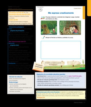 Ámbito: Comunicación
Núcleo: Lenguajes artísticos
Seamos artistas 189
Lenguajes artísticos
115
En grupo, observen y comenten las imágenes. Luego, inventen
una historia con ellas.
Me expreso creativamente
¿Inventé una historia usando
las imágenes?
Dibujen el ﬁnal de su historia y cuéntala a tu curso.
40’
Tiempo estimado
Indicador de evaluación
Inventa una historia con las imágenes
que se le presentan.
Niveles de logro
•	Inventa una historia con las imágenes
que se le presentan.
•	Inventa una historia, pero no tiene relación con las
imágenes que se le presentan.
•	No inventa una historia.
Aprendizaje esperado (AE) N° 2 (LA).
Aprendizaje esperado específico (AEE)
Expresar su imaginación y fantasía al inventar
una historia.
Análisis del AEE
Seesperaqueinventehistoriasconimágenes
presentadasparaqueutilicesuimaginaciónyfantasía.
Orientaciones pedagógicas
Inicio: Movilice las experiencias previas realizando
las preguntas de prerrequisito:
•¿Han inventado historias creativas?, ¿cuáles?
•¿Utilizan su imaginación para inventarlas?
Para motivar la experiencia, se sugiere utilizar el cuento
“Gastón y Renato hacen un trato”, que se encuentra
en el sitio web de Chile Crece Contigo, en la página:
http://www.recursostic.cl/parv129
Desarrollo: Active nuevos conocimientos realizando
las preguntas claves:
•¿Qué pasaría si imaginamos algo fantástico
y se hace realidad?
Muestre las imágenes delTexto y pregunte:
¿Quién aparece en las escenas?, ¿qué hace el niño?,
¿qué se imaginan al verlas? Una vez que hayan
inventado las historias, oriente para que dibujen
el final. Luego, apoye a quienes lo necesitan,
con preguntas como: ¿De qué trataba su historia?,
¿les gustaría contarla?
Finalización: Retroalimente la experiencia
invitándolos a exponer sus historias. Luego, pregunte:
¿Qué se imaginaron para crear sus historias?, ¿qué final
dibujaron?, ¿les gustó dibujarlo?, ¿qué historia
les gustó?, ¿tuvieron alguna dificultad para hacerlo?
¿Qué aprendieron con esta experiencia?
Orientaciones para evitar errores frecuentes: La expresión es un aprendizaje esperado clave en el
desarrollo expresivo de los niños y niñas. Para ello, no restrinja las posibilidades creativas de su imaginación
y fantasía cuando inventen una historia, ya que de este modo se enriquecerá la actividad creativa.
Vea página 205
Adaptación a las necesidades educativas especiales
• Aprendizaje lento: Se sugiere escuchar el cuento“El pulpo tiritón”en la pista 13 del CD de audio y
detener el relato antes de que finalice, para preguntarles: ¿Cómo finalizará la historia?, ¿por qué?
	 Indicador de evaluación aprendizaje lento: Crea el final de un cuento.
• Aprendizaje avanzado: Motive a los niños a crear un diálogo entre los personajes de la historia.
Luego, invítelos a presentárselos a sus amigos y amigas.
	 Indicador de evaluación aprendizaje avanzado: Crea un diálogo para la historia.
Para potenciareste aprendizajevea página 201
 