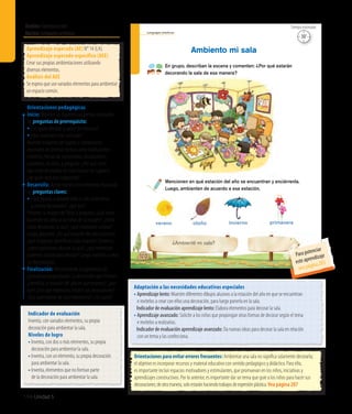 Ámbito:Comunicación
Núcleo:Lenguajesartísticos
194 Unidad 5
Lenguajes artísticos
120
En grupo, describan la escena y comenten: ¿Por qué estarán
decorando la sala de esa manera?
Ambiento mi sala
¿Ambienté mi sala?
Mencionen en qué estación del año se encuentran y enciérrenla.
Luego, ambienten de acuerdo a esa estación.
verano otoño invierno primavera
30’
Tiempo estimado
Indicador de evaluación
Inventa, con variados elementos, su propia
decoración para ambientar la sala.
Niveles de logro
• Inventa, con dos o más elementos, su propia
decoración para ambientar la sala.
• Inventa, con un elemento, su propia decoración
para ambientar la sala.
• Inventa, elementos que no forman parte
de la decoración para ambientar la sala.
Aprendizaje esperado (AE) N° 14 (LA).
Aprendizaje esperado específico (AEE)
Crear sus propias ambientaciones utilizando
diversos elementos.
Análisis del AEE
Se espera que use variados elementos para ambientar
un espacio común.
Orientaciones pedagógicas
Inicio: Movilice las experiencias previas realizando
las preguntas de prerrequisito:
•	¿Les gusta decorar la sala y los rincones?
•	¿Qué materiales han utilizado?
Muestre imágenes de lugares o habitaciones
decorados de diversas formas como habitaciones
infantiles, fiestas de cumpleaños, decoraciones
navideñas, etcétera, y pregunte: ¿Por qué creen
que están decorados de esta manera los lugares?,
¿de quién será esta habitación?
Desarrollo: Active nuevos conocimientos realizando
las preguntas claves:
•	¿Qué pasaría si durante todo el año tuviéramos
la misma decoración?, ¿por qué?
Presente la imagen delTexto y pregunte: ¿Qué están
haciendo los niños y las niñas de la imagen?, ¿cómo
están decorando la sala?, ¿qué materiales utilizan?
Luego, pregunte: ¿En qué estación del año estamos?,
¿qué imágenes identifican cada estación? Entonces,
¿cómo podríamos decorar la sala?, ¿qué materiales
podemos utilizar para decorar? Luego, invítelos a crear
las decoraciones.
Finalización: Retroalimente la experiencia de
aprendizaje preguntando: La decoración que hicieron,
¿identifica la estación del año en que estamos?, ¿por
qué? ¿Con qué materiales crearon sus decoraciones?
¿Qué aprendieron de esta experiencia?, ¿les gustó?
Adaptación a las necesidades educativas especiales
• Aprendizaje lento: Muestre diferentes dibujos alusivos a la estación del año en que se encuentran
e invítelos a crear con ellos una decoración, para luego ponerla en la sala.
	 Indicador de evaluación aprendizaje lento: Elabora elementos para decorar la sala.
• Aprendizaje avanzado: Solicite a los niños que propongan otras formas de decorar según el tema
e invítelos a realizarlas.
	 Indicador de evaluación aprendizaje avanzado: Da nuevas ideas para decorar la sala en relación
con un tema y las confecciona.
Orientaciones para evitar errores frecuentes: Ambientar una sala no significa solamente decorarla;
el objetivo es incorporar recursos y material educativo con sentido pedagógico y didáctico. Para ello,
es importante incluir espacios motivadores y estimulantes, que promuevan en los niños, iniciativas y
aprendizajes constructivos. Por lo anterior, es importante dar un tema que guíe a los niños para hacer sus
decoraciones;deotramanera,soloestaránhaciendotrabajosdeexpresiónplástica.Vea página 207
Para potenciar
este aprendizaje
vea página 203
 