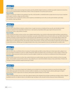 Para el colegio
Invite a los niños y las niñas a recrear una imagen de una pintura; para ello, presénteles imágenes de pinturas y coménteles que pueden recrearlas de la misma forma
o de una manera totalmente diferente. Posteriormente, invítelos a montar una exposición con las pinturas que hizo cada uno.
Para la familia
Explique a las familias que el objetivo de este aprendizaje es que niños y niñas desarrollen su creatividad haciendo sus propias obras de arte, por lo que es importante
que los apoyen e incentiven a trabajar como ellos lo deseen.
Invite a las familias a hacer una pintura de su familia, oriente la experiencia comentándoles que son los niños y las niñas quienes decidirán a quién dibujar
y los materiales y colores que utilizarán.
página 116
202 Unidad 5
Para el colegio
Invite a los niños y niñas a crear diferentes efectos en las pinturas. Por ejemplo, pídales que doblen una hoja en blanco por la mitad y luego la abran y apliquen en una
de sus caras tempera en abundancia y la cierren con cuidado. Posteriormente, pídales que extiendan la hoja y con las formas que se crearon, imaginen e inventen lo que
ellos deseen, explique que para dar una forma más precisa a lo que ellos imaginan, lo pueden hacer con un pincel y así combinarán dos técnicas distintas para pintar.
Para la familia
Invite a las familias a buscar, junto con sus hijos e hijas, variados elementos que se puedan estampar: tapas que tienen relieve, la mitad de una fruta o de una papa,
piedras, corteza de árboles y cáscaras de frutas, entre otros. Luego, explíqueles que con cada elemento deberán estampar una hoja usando témpera. Al finalizar cada
estampado, coménteles que deberán comparar las formas que se crearon.
página 118
Para el colegio
Invite a niños y niñas a crear máscaras de papel maché. Explíqueles que esta actividad será muy creativa porque inventarán una nueva forma de trabajar el papel
maché, deberán pegar papeles de revistas sobre una máscara o antifaz de cumpleaños y una vez que tenga el volumen suficiente, podrán pegar las imágenes
que ellos deseen. Para dar un aspecto único a las máscaras, podrán pintarlas soplando la témpera con una bombilla.
Para la familia
Solicitealasfamiliasquerealicen,juntoconsushijosehijas,trabajosdeexpresiónartísticautilizandolatécnicadelápicesamarradosparacrearfigurassimétricas.Explíqueles
quedeberánamarrardosotreslápicesdecoloresconcintaadhesiva,luego,creardibujosconellosydescubrirlasformasylíneasquesetrazansimultáneamente.
página 119
Para el colegio
Invite a los niños a utilizar diferentes materiales y combinar técnicas. Se sugiere crear insectos con bandejas de huevo; para ello, cada niño deberá traer desde
su hogar los recipientes de huevo desprendidos. Posteriormente, en cada recipiente ya desprendido, deberán pegar el papel maché para dar la forma
del insecto que se desee y, luego, pintarlos con tempera.
Para la familia
Solicitealasfamiliasqueinvitenalosniñosylasniñasacrearuntrabajodeexpresiónplástica,elqueconsistiráenutilizarpinturadactilarparadibujarunpaisajesobreuna
cartulina.Explíquelesqueelobjetivodeestaexperienciadeaprendizajeesquepuedancombinardiferentestécnicasdeexpresiónplástica,porloquedeberánutilizardistintos
materiales;porejemploconlapinturadactilarpuedencrearpartedelpaisaje,luego,dependiendodeloqueellosdeseen,conunpincelpuedendibujarlosárboles,flores,
nubes,pintarelcielo.Posteriormente,puedenbuscarenrevistaselementosquelessirvanparacompletarsustrabajosyunavezquehayanseleccionadoloquelessirve,
deberánrasgarconsusdedosalgunosdeellosyotrosrecortarloscontijeras.Paradarvolumen,(alasfrutas,lluviaoinsectos)puedenusarpapelmaché,paraello,explíqueles
enquéconsisteestatécnica.Infórmelesqueconlostrabajosdetodoslosniñosyniñasseharáunaexposicióndearte,porloquedebenponerlosnombresenellos.
página 117
 