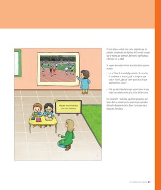 Lo podemos hacer 21
11
Hacer movimientos
con mis manos.
3
El inicio de esta unidad tiene como propósito que los
párvulos comprendan los objetivos de la unidad y sepan
qué se espera que aprendan, de manera significativa y
coherente con su edad.
Se sugiere desarrollar el inicio de unidad de la siguiente
manera:
•• Lea el título de la unidad y comente: Al escuchar
el nombre de la unidad, ¿qué se imaginan que
podrán hacer?, ¿de qué creen que tratará lo que
aprenderemos juntos?
•• Pida que describan la imagen y mencionen lo que
están haciendo los niños y las niñas de la escena.
Lea los carteles y realice las siguientes preguntas, que
tienen directa relación con los aprendizajes esperados
del núcleo Autonomía de las Bases Curriculares de la
Educación Parvularia:
 