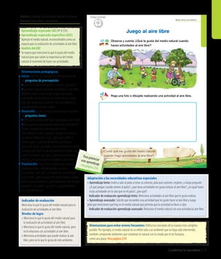 Cuidemos la naturaleza 219
Ámbito: Relación con el medio natural y cultural
Núcleo: Seres vivos y su entorno Seres vivos y su entorno
¿Conté qué me gusta del medio natural
cuando hago actividades al aire libre?
Observa y cuenta: ¿Qué te gusta del medio natural cuando
haces actividades al aire libre?
Pega una foto o dibújate realizando una actividad al aire libre.
Juego al aire libre
133
Orientaciones para evitar errores frecuentes: Defina los conceptos de la manera más completa
posible. Por ejemplo, el medio natural no se refiere solo a un ambiente que no haya sido intervenido;
también comprende ambientes que combinan lo natural con lo creado por el ser humano,
como una plaza. Vea página 239
Adaptación a las necesidades educativas especiales
• Aprendizaje lento: Invite a salir al patio a mirar su entorno; pida que caminen, respiren, y luego pregunte:
¿A qué juegan cuando vienen al patio?, ¿qué otras actividades les gusta realizar al aire libre?, ¿es igual hacer
estas actividades en la sala que en el patio?, ¿por qué?
	 Indicador de evaluación aprendizaje lento: Menciona actividades al aire libre que le gusta realizar.
• Aprendizaje avanzado: Solicite que recuerden una actividad que les guste hacer al aire libre y luego 		
pida que mencionen qué hay en el medio natural que permita que la actividad se lleve a cabo.	
	 Indicador de evaluación aprendizaje avanzado: Relaciona el medio natural con una actividad al aire libre.
Orientaciones pedagógicas
Inicio: Movilice las experiencias previas realizando
las preguntas de prerrequisito:
• ¿Qué actividades saludables realizan?, ¿por qué?
• ¿Conocen lugares para hacer actividades al aire libre?
Muestre lugares como plazas, playas, gimnasios,
y pregunte cuál de ellos es un medio natural; luego,
pida que imaginen y comenten qué actividades les
gustaría realizar en esos lugares.
Desarrollo: Active nuevos conocimientos realizando
las preguntas claves:
• ¿Por qué es importante hacer actividades al aire libre?
• ¿Qué pasaría si no pudieran hacer estas actividades?
Apoye la experiencia con preguntas como:
¿Qué explora el niño?, ¿podría explorar de la misma
manera al interior de la sala?, ¿por qué? ¿Sería lo
mismo jugar a la pelota dentro de un gimnasio
que al aire libre?, ¿por qué?, ¿qué actividades les gusta
realizar al aire libre? Si las realizamos en nuestra sala,
¿sería lo mismo?, ¿por qué?, ¿qué más ocurre en la
escena?, ¿les gusta hacer actividades al aire libre?
Finalización: Para cerrar la experiencia, realice
preguntas como: ¿Dónde jugaban las niñas
y los niños?, ¿con qué?, ¿les gusta hacer actividades
al aire libre?, ¿qué les gusta del medio natural cuando
hacen estas actividades?, ¿qué dibujaron o qué imagen
pegaron?, ¿les costó?, ¿por qué?, ¿qué aprendieron
en esta experiencia?
Aprendizaje esperado (AE) Nº 8 (SV).
Aprendizaje esperado específico (AEE)
Apreciar el medio natural, reconociéndolo como un
espacio para la realización de actividades al aire libre.
Análisis del AEE
Se espera que mencione lo que le gusta del medio
natural para que valore la importancia del medio
natural al momento de hacer sus actividades.
Indicador de evaluación
Menciona lo que le gusta del medio natural para la
realización de actividades al aire libre.
Niveles de logro
• Menciona lo que le gusta del medio natural para 	
	 la realización de actividades al aire libre.
• Menciona lo que le gusta del medio natural, pero 	
	 no lo relaciona con actividades al aire libre.
• Menciona actividades que puede realizar al aire 	
	 libre, pero no lo que le gusta de este ambiente.
15’
Tiempo estimado
Para potenciareste aprendizajevea página 234
 