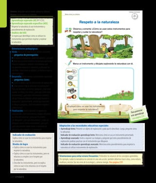 220 Unidad 6
Ámbito:Relación con el medio natural y cultural
Núcleo:Seres vivos y su entorno Seres vivos y su entorno
¿Expliqué cómo se usan los instrumentos
para respetar la naturaleza?
Marca un instrumento y dibújate explorando la naturaleza con él.
Observa y comenta: ¿Cómo se usan estos instrumentos para
respetar y cuidar la naturaleza?
Respeto a la naturaleza
134
Orientaciones para evitar errores frecuentes: Profundice los alcances de los conceptos aprendidos.
Por ejemplo, cuidar la naturaleza no consiste en una sola acción, también debemos hacer otras, como reducir,
reutilizar y reciclar (las tres erres de la ecología), y ahorrar energía. Vea página 239
Adaptación a las necesidades educativas especiales
• Aprendizaje lento: Presente un objeto de exploración y pida que lo describan. Luego, pregunte cómo
	 lo utilizarían.
	 Indicador de evaluación aprendizaje lento: Menciona cómo se usa un instrumento presentado.
• Aprendizaje avanzado: Invite a exponer sus trabajos y pregunte qué otros procedimientos de
	 exploración podrían practicar con el instrumento que dibujaron.
	 Indicador de evaluación aprendizaje avanzado: Menciona otros procedimientos para respetar la 		
	 naturaleza al utilizar instrumentos de exploración.
Indicador de evaluación
Explica cómo se usan los instrumentos para respetar
la naturaleza.
Niveles de logro
• Explica cómo se usan los instrumentos para 	
	 respetar la naturaleza.
• Explica cómo se usan los instrumentos, pero no
	 relaciona su empleo con el respeto por
	 la naturaleza.
• Describe los instrumentos, pero no explica 		
	 cómo se usan ni los relaciona con el respeto
	 por la naturaleza.
Orientaciones pedagógicas
Inicio: Movilice las experiencias previas realizando
las preguntas de prerrequisito:
• Alexplorarlanaturaleza,¿podemosdañarla?,¿porqué?
• ¿Qué precauciones debemos tomar para explorarla?
Presente imágenes o distintos instrumentos que
nos permiten explorar la naturaleza, y pida que los
nombren, mencionen su utilidad y la forma en que se
deben emplear.
Desarrollo: Active nuevos conocimientos realizando
las preguntas claves:
• ¿Cómosedebenusarlosinstrumentosdeexploración?
• ¿Qué pasaría si no se utilizaran con precaución?
Pida que describan la escena y pregunte: ¿Qué están
usando las niñas y los niños?, ¿para qué sirven estos
instrumentos?, ¿qué otros instrumentos conocen?,
¿de qué forma se deberían utilizar para respetar la
naturaleza?; posteriomente, solicite que muestren
su dibujo y pregunte: ¿Qué instrumento eligieron?,
¿cómo se usa?
Finalización: Invite a recordar la experiencia
preguntando: ¿Qué instrumentos estaban utilizando
los niños de la escena?, ¿para qué les sirven?,
¿se dibujaron?, ¿con qué instrumento?, ¿todos se
dibujaron con el mismo instrumento?, ¿por qué?,
¿qué precauciones deben tener al momento de
utilizarlos, para respetar a la naturaleza?
Aprendizaje esperado (AE) Nº 9 (SV).
Aprendizaje esperado específico (AEE)
Respetar la naturaleza al usar instrumentos y
procedimientos de exploración.
Análisis del AEE
Se espera que identifique cómo se utilizan los
instrumentos que permitan respetar y explorar
la naturaleza.
25’
Tiempo estimado
Para potenciar
este aprendizaje
vea página 234
 