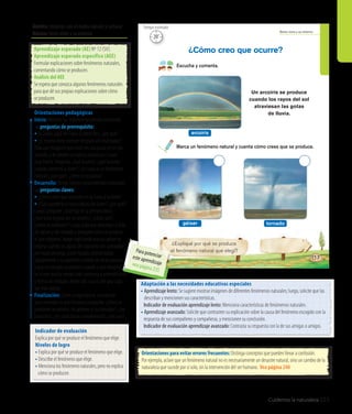 Cuidemos la naturaleza 223
Ámbito: Relación con el medio natural y cultural
Núcleo: Seres vivos y su entorno Seres vivos y su entorno
¿Expliqué por qué se produce
el fenómeno natural que elegí?
Escucha y comenta.
¿Cómo creo que ocurre?
Marca un fenómeno natural y cuenta cómo crees que se produce.
Un arcoíris se produce
cuando los rayos del sol
atraviesan las gotas
de lluvia.
arcoíris
géiser tornado
137
Orientaciones para evitar errores frecuentes: Distinga conceptos que pueden llevar a confusión.
Por ejemplo, aclare que un fenómeno natural no es necesariamente un desastre natural, sino un cambio de la
naturaleza que sucede por sí solo, sin la intervención del ser humano. Vea página 240
Adaptación a las necesidades educativas especiales
• Aprendizaje lento: Se sugiere mostrar imágenes de diferentes fenómenos naturales; luego, solicite que las	
describan y mencionen sus características.
	 Indicador de evaluación aprendizaje lento: Menciona características de fenómenos naturales.
• Aprendizaje avanzado: Solicite que contrasten su explicación sobre la causa del fenómeno escogido con la 	
	 respuesta de sus compañeros y compañeras, y mencionen su conclusión.
	 Indicador de evaluación aprendizaje avanzado: Contrasta su respuesta con la de sus amigas o amigos.
Orientaciones pedagógicas
Inicio: Movilice las experiencias previas realizando
las preguntas de prerrequisito:
• Al llover, ¿qué les llama la atención?, ¿por qué?
• ¿El trueno viene siempre después del relámpago?
Pida que imaginen que están en una plaza en un día
soleado, y de pronto se nubla y comienza a llover
muy fuerte. Pregunte: ¿Qué ocurrió?, ¿qué hicieron
cuando comenzó a llover?, ¿la lluvia es un fenómeno
natural?, ¿por qué?, ¿cómo se ocasiona?
Desarrollo: Active nuevos conocimientos realizando
las preguntas claves:
• ¿Cómo creen que se producen la lluvia y la nieve?
• ¿Qué sucedería si nunca dejara de llover?, ¿por qué?
Luego, pregunte: ¿Qué hay en la primera foto?,
¿han visto alguna vez un arcoíris?, ¿cómo son?,
¿cómo se producen? Luego, pida que describan la foto
del géiser y del tornado y pregunte cómo se produce
el que eligieron. Apoye explicando que un géiser se
origina cuando las aguas del subsuelo son calentadas
por rocas cercanas, y este líquido caliente brota
rápidamente a la superficie a través de rocas porosas;
y que un tornado se produce cuando a una tempestad
se le une mucho viento, este comienza a arremolinarse
y forma un embudo, dentro del cual el aire gira cada
vez más rápido.
Finalización: Cierre la experiencia, solicitando
que comenten lo que hicieron y pregunte: ¿Cómo se
producen los arcoíris, los géiseres y los tornados?, ¿los
conocían?, ¿les costó hacer la experiencia?, ¿por qué?
Aprendizaje esperado (AE) Nº 12 (SV).
Aprendizaje esperado específico (AEE)
Formular explicaciones sobre fenómenos naturales,
comentando cómo se producen.
Análisis del AEE
Se espera que conozca algunos fenómenos naturales
para que dé sus propias explicaciones sobre cómo
se producen.
Indicador de evaluación
Explica por qué se produce el fenómeno que elige.
Niveles de logro
• Explica por qué se produce el fenómeno que elige.
• Describe el fenómeno que elige.
• Menciona los fenómeno naturales, pero no explica	
	 cómo se producen.
20’
Tiempo estimado
Para potenciareste aprendizajevea página 235
 