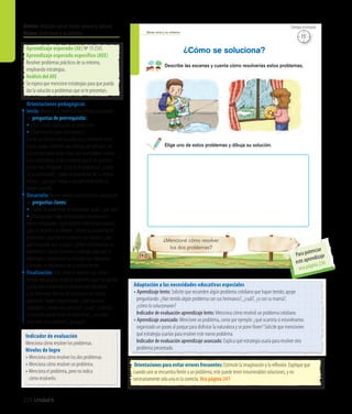 226 Unidad 6
Ámbito:Relación con el medio natural y cultural
Núcleo:Seres vivos y su entorno Seres vivos y su entorno
¿Mencioné cómo resolver
los dos problemas?
Describe las escenas y cuenta cómo resolverías estos problemas.
¿Cómo se soluciona?
140
Elige uno de estos problemas y dibuja su solución.
Orientaciones para evitar errores frecuentes: Estimule la imaginación y la reflexión. Explique que
cuando uno se encuentra frente a un problema, este puede tener innumerables soluciones, y no
necesariamente solo una es la correcta. Vea página 241
Adaptación a las necesidades educativas especiales
• Aprendizaje lento: Solicite que recuerden algún problema cotidiano que hayan tenido; apoye
	 preguntando: ¿Han tenido algún problema con sus hermanos?, ¿cuál?, ¿o con su mamá?,
	 ¿cómo lo solucionaron?
	 Indicador de evaluación aprendizaje lento: Menciona cómo resolvió un problema cotidiano.
• Aprendizaje avanzado: Mencione un problema, como por ejemplo: ¿qué ocurriría si estuviéramos
	 organizado un paseo al parque para disfrutar la naturaleza y se pone llover? Solicite que mencionen
	 qué estrategia usarían para resolver este nuevo problema.
	 Indicador de evaluación aprendizaje avanzado: Explica qué estrategia usaría para resolver otro
	 problema presentado.
Orientaciones pedagógicas
Inicio: Movilice las experiencias previas realizando
las preguntas de prerrequisito:
• ¿Han tenido alguna vez un problema?
• ¿Qué hicieron para solucionarlo?
Forme un círculo con los párvulos y siéntense en el
suelo; luego, comente una noticia, por ejemplo, en
un colegio había unos niños que molestaban mucho
a un compañero, lo que provocó que él no quisiera
asistir más. Pregunte: ¿Cuál es el problema?, ¿cómo
lo solucionarían?, ¿todos lo resolverían de la misma
forma?, ¿por qué? Invite a escoger entre todos la
mejor solución.
Desarrollo: Active nuevos conocimientos realizando
las preguntas claves:
• ¿Todos los problemas se solucionan igual?, ¿por qué?
• ¿Qué pasaría si no intentáramos solucionarlos?
Invite a responder: ¿Qué tiene el niño en sus manos?,
¿qué le ocurrió a su dibujo?, ¿cómo solucionarían el
problema?, ¿qué tiene la niña en sus manos?, ¿por
qué no puede salir a jugar?, ¿cómo solucionarían su
problema? Cuando finalicen su dibujo, pida que lo
expongan y mencionen la solución que dibujaron,
y si todos lo resolvieron de la misma forma.
Finalización: Para cerrar la experiencia, invite a
formar dos grupos, según el problema que escogieron,
y pida que compartan la solución que dibujaron,
y las diferentes formas de solucionar un mismo
problema. Apoye preguntando: ¿Qué solución
dibujaron?, ¿existe otra solución?, ¿cuál?, ¿cuántas
soluciones puede tener un problema?, ¿les costó
encontrar una solución?, ¿por qué?
Aprendizaje esperado (AE) Nº 15 (SV).
Aprendizaje esperado específico (AEE)
Resolver problemas prácticos de su entorno,
empleando estrategias.
Análisis del AEE
Se espera que mencione estrategias para que pueda
dar la solución a problemas que se le presentan.
Indicador de evaluación
Menciona cómo resolver los problemas.
Niveles de logro
• Menciona cómo resolver los dos problemas.
• Menciona cómo resolver un problema.
• Menciona el problema, pero no indica
	 cómo resolverlo.
15’
Tiempo estimado
Para potenciar
este aprendizaje
vea página 236
 