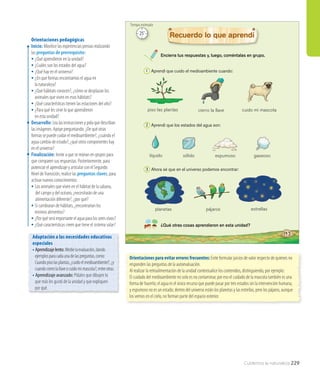 Cuidemos la naturaleza 229
Encierra tus respuestas y, luego, coméntalas en grupo.
¿Qué otras cosas aprendieron en esta unidad?
Recuerdo lo que aprendí
planetas
líquido
cierro la llave
pájaros
sólido
cuido mi mascota
estrellas
espumoso gaseoso
1 Aprendí que cuido el medioambiente cuando:
2 Aprendí que los estados del agua son:
3 Ahora sé que en el universo podemos encontrar:
piso las plantas
143
Orientaciones pedagógicas
Inicio: Movilice las experiencias previas realizando
las preguntas de prerrequisito:
• ¿Qué aprendieron en la unidad?
• ¿Cuáles son los estados del agua?
• ¿Qué hay en el universo?
• ¿En qué formas encontramos el agua en
	 la naturaleza?
• ¿Qué hábitats conocen?, ¿cómo se desplazan los 	
	 animales que viven en esos hábitats?
• ¿Qué características tienen las estaciones del año?
• ¿Para qué les sirve lo que aprendieron
	 en esta unidad?
Desarrollo: Lea las instrucciones y pida que describan
las imágenes. Apoye preguntando: ¿De qué otras
formas se puede cuidar el medioambiente?, ¿cuándo el
agua cambia de estado?, ¿qué otros componentes hay
en el universo?
Finalización: Invite a que se reúnan en grupos para
que comparen sus respuestas. Posteriormente, para
potenciar el aprendizaje y articular con el Segundo
Nivel deTransición, realice las preguntas claves, para
activar nuevos conocimientos:
• Los animales que viven en el hábitat de la sabana, 	
	 del campo y del océano, ¿necesitarán de una 	
	 alimenta	ción diferente?, ¿por qué?
• Si cambiaran de hábitats, ¿encontrarían los
	 mismos alimentos?
• ¿Por qué será importante el agua para los seres vivos?
• ¿Qué características creen que tiene el sistema solar?
Orientaciones para evitar errores frecuentes: Evite formular juicios de valor respecto de quienes no
responden las preguntas de la autoevaluación.
Al realizar la retroalimentación de la unidad contextualice los contenidos, distinguiendo, por ejemplo:
El cuidado del medioambiente no solo es no contaminar, por eso el cuidado de la mascota también es una
forma de hacerlo; el agua es el único recurso que puede pasar por tres estados sin la intervención humana,
y espumoso no es un estado; dentro del universo están los planetas y las estrellas, pero los pájaros, aunque
los vemos en el cielo, no forman parte del espacio exterior.
Adaptación a las necesidades educativas
especiales
• Aprendizajelento:Medielaevaluación,dando
	 ejemplosparacadaunadelaspreguntas,como:	
	 Cuandopisolasplantas,¿cuidoelmedioambiente?,¿y	
	 cuandocierrolallaveocuidomimascota?,entreotras.
• Aprendizaje avanzado: Pídales que dibujen lo 	
	 que más les gustó de la unidad y que expliquen 	
	 por qué.
25’
Tiempo estimado
 