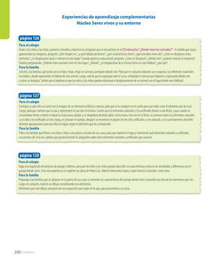 232 Unidad 6
Experiencias de aprendizaje complementarias
Núcleo Seres vivos y su entorno
Para el colegio
Invite a los niños y las niñas a ponerse cómodos y observar las imágenes que se encuentran en el CD interactivo“¿Dónde viven los animales?”. A medida que vayan
apareciendo las imágenes, pregunte: ¿Qué imagen es?, ¿a qué hábitat pertenece?, ¿qué características tiene?, ¿qué animales viven ahí?, ¿cómo se desplazan estos
animales?, ¿se desplazarían igual si vivieran en otro lugar? Cuando aparezca cada animal, pregunte: ¿Cómo se desplaza?, ¿dónde vive?, ¿quieren conocer la respuesta?
Finalice preguntando: ¿Podrían estos animales vivir en otro lugar?, ¿dónde?, ¿se desplazarían de la misma forma en otro hábitat?, ¿por qué?
Para la familia
Solicite a las familias, que junto con sus hijos e hijas, elijan un animal y averigüen dónde vive. Pida que en conjunto elaboren una maqueta, con diferentes materiales
reciclables, donde representen el hábitat de este animal. Luego, solicite que lo expongan ante el curso, señalando el animal que eligieron y explicando dónde vive
y cómo se desplaza. Señale que el objetivo es que los niños y las niñas puedan relacionar el desplazamiento de un animal con el lugar donde vive (hábitat).
Para el colegio
Entregue a cada niño un cartel con la imagen de un elemento artificial o natural, pida que se lo cuelguen en el cuello para que todos vean el elemento que les tocó.
Luego, pida que caminen por la sala y representen lo que dice la historia. Cuente que los elementos naturales y los artificiales fueron a una fiesta, y que cuando se
encontraban frente a frente se daban la mano para saludar, y se despedían diciendo adiós con la mano. Una vez en la fiesta, se juntaron todos los elementos naturales
a un lado y los artificiales al otro; luego, se juntaron en parejas, después se reunieron en grupos de tres (dos artificiales y uno natural), y así sucesivamente solicíteles
distintas agrupaciones para que ellos lo hagan según el elemento que les corresponde.
Para la familia
Pida a las familias que lleven a sus hijos o hijas a una plaza o al patio de sus casas, para que exploren el lugar y mencionen qué elementos naturales y artificiales
encuentran allí. A la vez, pídales que posteriormente les pregunten sobre otros elementos naturales y artificiales que conocen.
Para el colegio
Haga una exposición de pinturas de paisajes chilenos, para que los niños y las niñas puedan describir sus características y buscar las similitudes y diferencias con el
paisaje donde viven. Para esta experiencia se sugieren las obras de Pedro Lira, AlbertoValenzuela Llanos y Juan Francisco González, entre otros.
Para la familia
Proponga a las familias que se ubiquen en la puerta de sus casas y comenten las características del paisaje donde viven, haciendo una lista de los elementos que ven.
Luego, en conjunto, realicen un dibujo considerando esos elementos.
Infórmeles que este dibujo será parte de una exposición que harán en la sala, para presentarlo a su curso.
página 126
página 127
página 128
 