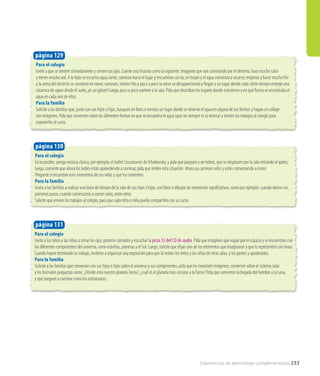 Experiencias de aprendizaje complementarias 233
Para el colegio
En lo posible, ponga música clásica, por ejemplo, el ballet Cascanueces deTchaikovsky, y pida que jueguen a ser bebés, que se desplacen por la sala imitando el gateo;
luego, comente que ahora los bebés están aprendiendo a caminar, pida que imiten esta situación. Ahora ya caminan solos y están comenzando a correr.
Pregunte si recuerdan esos momentos de sus vidas y que los comenten.
Para la familia
Invite a las familias a realizar una línea de tiempo de la vida de sus hijos e hijas, con fotos o dibujos de momentos significativos, como por ejemplo: cuando dieron sus
primeros pasos, cuando comenzaron a comer solos, entre otros.
Solicite que envíen los trabajos al colegio, para que cada niño o niña pueda compartirlo con su curso.
Para el colegio
Invite a que se sienten cómodamente y cierren sus ojos. Cuente una historia como la siguiente: imaginen que van caminando por el desierto, hace mucho calor
y tienen mucha sed. A lo lejos se escucha agua correr, caminan hacia el lugar y encuentran un río, se mojan y el agua comienza a secarse, empieza a hacer mucho frío
y la arena del desierto se convierte en nieve; caminan, sienten frío y poco a poco la nieve va desapareciendo y llegan a un lugar donde cada cierto tiempo emerge una
columna de vapor desde el suelo, ¡es un géiser! Luego, poco a poco vuelven a la sala. Pida que describan los lugares donde estuvieron y en qué forma se encontraba el
agua en cada uno de ellos.
Para la familia
Solicite a las familias que, junto con sus hijos o hijas, busquen en fotos o revistas un lugar donde se observe el agua en alguna de sus formas y hagan un collage
con imágenes. Pida que conversen sobre las diferentes formas en que se encuentra el agua (que no siempre es la misma) y envíen los trabajos al colegio para
exponerlos al curso.	
página 130
página 129
Para el colegio
Invite a los niños y las niñas a cerrar los ojos, ponerse cómodos y escuchar la pista 33 del CD de audio. Pida que imaginen que viajan por el espacio y se encuentran con
los diferentes componentes del universo, como estrellas, planetas y el Sol. Luego, solicite que elijan uno de los elementos que imaginaron y que lo representen con masa.
Cuando hayan terminado su trabajo, invítelos a organizar una exposición para que la visiten los niños y las niñas de otras salas, y los padres y apoderados.
Para la familia
Solicite a las familias que conversen con sus hijos e hijas sobre el universo y sus componentes, pida que les muestren imágenes, conversen sobre el sistema solar
y les formulen preguntas como: ¿Dónde está nuestro planetaTierra?, ¿cuál es el planeta más cercano a laTierra? Pida que comenten la llegada del hombre a la Luna,
y que jueguen a caminar como los astronautas.
página 131
 