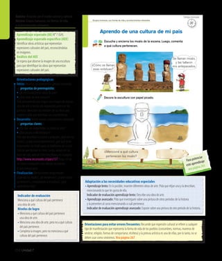 250 Unidad 7
Ámbito: Relación con el medio natural y cultural
Núcleo: Grupos humanos, sus formas de vida
y acontecimientos relevantes
Grupos humanos, sus formas de vida y acontecimientos relevantes
Aprendo de una cultura de mi país
Escucha y encierra los moáis de la escena. Luego, comenta
a qué cultura pertenecen.
Decora la escultura con papel picado.
150
¿Mencioné a qué cultura
pertenecen los moáis?
¿Cómo se llaman
esas estatuas?
Se llaman moáis,
y las tallaron
mis antepasados.
esas estatuas?
20’
Tiempo estimado
Orientaciones para evitar errores frecuentes: Recuerde que expresión cultural se refiere a cualquier
tipo de manifestación que representa la forma de vida de los pueblos (costumbres, normas, maneras de
vestirse, religión, formas de comportarse, etcétera) y la pintura artística es una de ellas; por lo tanto, no se
deben usar como sinónimos. Vea página 267
Adaptación a las necesidades educativas especiales
• Aprendizaje lento: En lo posible, muestre diferentes obras de arte. Pida que elijan una y la describan,
	 mencionando lo que les gusta de ella.
	 Indicador de evaluación aprendizaje lento: Describe una obra de arte.
• Aprendizaje avanzado: Pida que investiguen sobre una pintura de otros períodos de la historia
	 y la presenten al curso mencionando a cuál pertenece.
	 Indicador de evaluación aprendizaje avanzado: Expone sobre una pintura de otro período de la historia.
Aprendizaje esperado (AE) N° 7 (GH).
Aprendizaje esperado específico (AEE)
Identificar obras artísticas que representan
expresiones culturales del país, reconociéndolas
en imágenes.
Análisis del AEE
Se espera que observe la imagen de una escultura
para que identifique las obras que representan
expresiones culturales del país.
Orientaciones pedagógicas
Inicio: Movilice las experiencias previas realizando
las preguntas de prerrequisito:
• Las esculturas ¿serán obras de arte?
• ¿Qué obras de arte conocen?
Pida previamente que traigan una imagen de alguna
obra de arte y realice una exposición junto con los
párvulos. Mencione los nombres de las obras que
trajeron y pida que describan sus características.
Desarrollo: Active nuevos conocimientos realizando
las preguntas claves:
•	¿Por qué son importantes las obras de arte?
•	¿Qué pasaría si no existieran?
Pida que describan la escena y pregunte: ¿Qué son los
moáis?, ¿a qué cultura pertenecen?, ¿por qué serán
importantes los moáis para los habitantes de la isla?
Solicite que decoren el moái. Luego, apoye con las
fotos del sitio web de Chile Para Niños, en la página:
http://www.recursostic.cl/parv137 (haga clic en
las fotos) y pregunte si sus dibujos se parecen
al que completaron.
Finalización: Retroalimente preguntando:
¿Qué son los moáis?, ¿de dónde son?, ¿a qué cultura
pertenecen?, ¿completaron la escultura?, ¿qué
aprendieron hoy?
Indicador de evaluación
Menciona a qué cultura del país pertenece
una obra de arte.
Niveles de logro
•	Menciona a qué cultura del país pertenece
	 una obra de arte.
•	Menciona una obra de arte, pero no a qué cultura
	 del país pertenece.
•	Completa la imagen, pero no menciona a qué
	 cultura del país pertenece.
Para potenciar
este aprendizaje
vea página 263
 