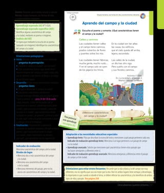 Ámbito: Relación con el medio natural y cultural
Núcleo: Grupos humanos, sus formas de vida
y acontecimientos relevantes
Descubramos nuestro entorno 251
Aprendo del campo y la ciudad
Calles y caminos
Las ciudades tienen calles
y el campo tiene caminos,
prados cubiertos de ﬂores
y puentes sobre los ríos.
Las ciudades tienen fábricas,
mucha gente, mucho ruido…
Y en el campo solo se oyen
de los pájaros los trinos.
En la ciudad son tan altas
las casas, los ediﬁcios,
que el cielo queda allí arriba,
lejano, escondido.
Las calles de la ciudad,
un día tras otro sigo.
Pero sueño con el campo
y sus ﬂoridos caminos.
Anónimo (1999).
En: La localidad y el paisaje 2.
Madrid: Editorial Santillana.
Escucha el poema y comenta: ¿Qué características tienen
el campo y la ciudad?
151
¿Mencioné características
del campo y la ciudad?
Grupos humanos, sus formas de vida y acontecimientos relevantes
20’
Tiempo estimado
Adaptación a las necesidades educativas especiales
• Aprendizaje lento: Pida que describan la escena del texto y mencionen a qué paisaje pertenece cada una.
	 Indicador de evaluación aprendizaje lento: Menciona si un lugar pertenece a un paisaje de campo
o a la ciudad.
• Aprendizaje avanzado: Solicite que mencionen qué características tienen estos paisajes que
los hacen semejantes y diferentes entre sí.
	 Indicador de evaluación aprendizaje avanzado: Menciona semejanzas y diferencias entre el paisaje
de campo y el de ciudad.
Orientacionesparaevitarerroresfrecuentes:Recuerde que la vida urbana y la del campo son muy
diferentes; eso no significa que una sea mejor que la otra.Vivir en ambos lugares tiene ventajas y desventajas,
lo importante es que cuando se aborde el tema, se deben reforzar las características y los beneficios de ambos
tipos de vida y paisajes. Vea página 268
Indicador de evaluación
Menciona características del campo y de la ciudad.
Niveles de logro
•	Menciona dos o más características del campo
	 y la ciudad.
•	Menciona una característica del campo
	 o de la ciudad.
•	Menciona elementos del paisaje, pero no los
	 asocia con características del campo y la ciudad.
Aprendizaje esperado (AE) N° 9 (GH).
Aprendizaje esperado específico (AEE)
Identificar algunas características del campo
y la ciudad, mediante un poema e imágenes.
Análisis del AEE
Se espera que mediante la escucha de un poema
(apoyado con imágenes) identifique las características
del campo y la ciudad.
Orientaciones pedagógicas
Inicio: Movilice las experiencias previas realizando
las preguntas de prerrequisito:
• ¿Conocen el campo y la ciudad?, ¿en cuál viven?
• ¿Qué características tiene el lugar donde viven?
Muestre imágenes del campo y la ciudad. Luego, pida
que las observen y que realicen un dibujo o un collage
de uno de estos lugares.
Desarrollo: Active nuevos conocimientos realizando
las preguntas claves:
•	¿En qué se diferencian el campo y la ciudad?
•	¿Qué pasaría si no existiera uno de ellos?
Pida que se pongan cómodos para escuchar el poema
“Calles y caminos”, de la pista 24 del CD de audio.
Luego, pregunte: ¿Cómo son los prados que se
mencionan en el poema?, ¿dónde hay mucha gente
y ruido?, ¿qué se escucha en el campo?, ¿cómo son
las casas en la ciudad?, ¿qué características tienen
la ciudad y el campo?, ¿se parecen?, ¿cómo es la vida
en cada lugar? Invite a escuchar nuevamente el poema
y a dibujar cómo se lo imaginan.
Finalización: Retroalimente la experiencia
realizando las siguientes preguntas: ¿De qué se trata el
poema?, ¿qué características tienen el campo
y la ciudad?, ¿todos mencionaron las mismas?,
¿por qué?, ¿qué aprendieron en esta experiencia?
Para potenciareste aprendizajevea página 263
 