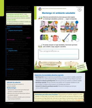 252 Unidad 7
Ámbito: Relación con el medio natural y cultural
Núcleo: Grupos humanos, sus formas de vida
y acontecimientos relevantes
Grupos humanos, sus formas de vida y acontecimientos relevantes
En pareja, busquen un lugar saludable y mencionen qué harán
para cuidarlo. Luego, jueguen a escribirlo.
¿Mencioné lo que haré para mantener
un ambiente saludable?
Menciona qué elementos te sirven para que estos lugares
se mantengan saludables y pinta los según corresponda.
Mantengo mi ambiente saludable
152
Nos _com�rometemos _a:
20’
Tiempo estimado
Adaptación a las necesidades educativas especiales
• 	Aprendizajelento:Apoye la experiencia acompañándolos a buscar un ambiente saludable y pregúnteles:
¿Qué podrían hacer ustedes para que este lugar se mantenga saludable? Pida que dibujen lo que harían.
Indicadordeevaluaciónaprendizajelento:Menciona qué haría para mantener un ambiente saludable.
• 	Aprendizaje avanzado: Pida que mencionen cómo podrían crear un ambiente saludable en la sala
o en el colegio. En conjunto, armen el proyecto y las estrategias para realizarlo.
	 Indicador de evaluación aprendizaje avanzado: Menciona las estrategias que usaría para
crear un ambiente saludable.
Orientaciones para evitar errores frecuentes:Tenga presente que el ambiente saludable no se refiere
solamente a las áreas verdes y el aire limpio, involucra todos los factores que favorecen el bienestar y la salud
de las personas en el lugar donde están, como tener un lugar limpio, sin contaminación acústica, tranquilidad
emocional, una buena alimentación, horarios para el trabajo o estudio y descanso, etcétera. Vea página 268
Aprendizaje esperado (AE) N° 12 (GH).
Aprendizaje esperado específico (AEE)
Aplicar técnicas para preservar ambientes saludables.
Análisis del AEE
Se espera que identifique un ambiente saludable para
que aplique técnicas para mantenerlo.
Orientaciones pedagógicas
Inicio: Movilice las experiencias previas realizando
las preguntas de prerrequisito:
• ¿En nuestra sala tenemos ambientes saludables?, 	
¿cuáles?, ¿por qué son saludables?
Pida que se pongan cómodos y escuchen el poema
“La contaminación”, de Saúl Schkolnik, en la pista 25
del CD de audio. Luego, pregunte:
¿Qué contaminación menciona el poema?,
¿cómo se habrán contaminado los ríos y el mar?,
¿qué es el esmog? Un ambiente con esmog,
¿es un ambiente saludable?, ¿por qué?
Desarrollo: Active nuevos conocimientos realizando
las preguntas claves:
•	¿Es importante cuidar el lugar donde vivimos?
•	¿Qué pasaría si no lo hiciéramos?
Invite a los párvulos a describir la escena. Apóyelos
con preguntas como: ¿Qué hacen los niños y las
niñas?, ¿cómo pueden mantener estos ambientes
saludablemente?, ¿qué necesitan? Luego, invite
a dar un paseo por el colegio para que elijan un
ambiente saludable y se comprometan a mantenerlo,
mencionando qué harán para cuidarlo.
Finalización: Retroalimente la experiencia
preguntando: ¿Qué sucede en las escenas?,
¿qué objetos ayudan a mantener esos ambientes
saludables?, ¿por qué? ¿Qué ambiente saludable
eligieron?, ¿por qué?, ¿cómo lo preservarán?,
¿qué aprendieron en esta experiencia?
Indicador de evaluación
Menciona qué hará para mantener un
ambiente saludable.
Niveles de logro
• Menciona dos o más acciones que realizará para
	 mantener un ambiente saludable.
• Menciona una acción que realizará para mantener
	 un ambiente saludable.
• Muestra un ambiente saludable, pero no menciona
	 lo que hará para mantenerlo.
Para potenciar
este aprendizaje
vea página 264
 