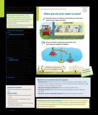 256 Unidad 7
Ámbito: Relación con el medio natural y cultural
Núcleo: Grupos humanos, sus formas de vida
y acontecimientos relevantes
¿Nombré los instrumentos
que sirven para medir la masa?
Describe la escena y nombra los instrumentos que sirven para
medir la masa. Luego, enciérralos.
¿Para qué me sirve medir la masa?
Busca en revistas un objeto que tenga mayor masa
que la manzana y pégalo en la balanza.
156
Grupos humanos, sus formas de vida y acontecimientos relevantes
25’
Tiempo estimado
Adaptación a las necesidades educativas especiales
• Aprendizaje lento: Entregue a los niños y niñas una manzana, una pluma, un lápiz, algodón, un limón,
una goma, entre otros elementos, y pídales que mencionen cuál tiene más masa y cuál tiene menos.Traiga
una balanza a la sala y comprueben sus resultados.
	 Indicador de evaluación aprendizaje lento: Menciona elementos pesados y livianos.
• Aprendizaje avanzado: Pida que mencionen para qué sirven las balanzas y por qué es importante
este invento.
	 Indicador de evaluación aprendizaje avanzado: Menciona por qué es importante un invento.
Orientaciones para evitar errores frecuentes: Recuerde que medir la masa no es lo mismo que pesar,
ya que la primera se mide en kilogramos y la segunda en newton. Es importante utilizar adecuadamente
estos conceptos desde la temprana educación de los niños y las niñas, para evitar las imprecisiones del
lenguaje cotidiano. Vea página 269
Aprendizaje esperado (AE) N° 11 (GH).
Aprendizaje esperado específico (AEE)
Reconocer las invenciones de los seres humanos que
sirven para medir la masa, mediante imágenes.
Análisis del AEE
Se espera que reconozca diferentes situaciones donde
se utilizan instrumentos para medir la masa.
Orientaciones pedagógicas
Inicio: Movilice las experiencias previas realizando
las preguntas de prerrequisito:
• ¿Qué usan para saber cuánto pesan?
• ¿Todos conocen sus pesos?
Pida previamente a los párvulos los siguientes
materiales: una caja vacía de leche, lana, círculos
de cartón (10 cm de diámetro aprox.) y un palo
de maqueta grueso. Invítelos a confeccionear
una balanza con estos materiales. Ayúdelos a amarrar
la lana a los círculos para que los cuelguen en el palo
de maqueta, e invítelos a ponerlo sobre la caja.
Pida que usen cosas pequeñas como legos, piedras,
hojas, entre otros y los vayan comparando.
Desarrollo: Active nuevos conocimientos realizando
las preguntas claves:
•	¿Por qué es importante conocer nuestra masa
corporal?, ¿qué pasaría si no pudiéramos conocerla?
Solicite que describan la escena. Apoye con preguntas
como: ¿Qué sucede en la escena?, ¿qué sucede fuera
del consultorio?, ¿qué hace el vendedor?, ¿qué usa?
Pida que busquen en revistas un objeto con mayor
masa que la manzana y explique que, en esta balanza,
el que tiene menor masa queda arriba.
Finalización: Retroalimente preguntando:
¿Qué instrumentos sirven para medir?, ¿todos
encerraron los mismos?, ¿qué elemento pegaron en la
balanza?, ¿qué aprendieron en la experiencia?
Indicador de evaluación
Nombra los instrumentos que sirven para medir la
masa.
Niveles de logro
• Nombra tres instrumentos que sirven para medir
	 la masa.
• Nombra menos de tres instrumentos que sirven
	 para medir la masa.
• Describe la escena, pero no nombra los instrumentos
	 que sirven para medir la masa.
Para potenciar
este aprendizaje
vea página 265
 
