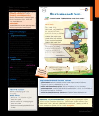 Ámbito: Formación personal y social
Núcleo: Autonomía
Lo podemos hacer 27
15
Autonomía
Con mi cuerpo puedo hacer…
Escucha y cuenta: ¿Qué más puedes hacer con tu cuerpo?
¿Mencioné qué puedo hacer
con mi cuerpo?
Mi equilibrio
Para cruzar el río
debo hacer mucho equilibrio,
por eso uso mis brazos
y con mis piernas me desplazo.
Cuando al ﬁn logro cruzar,
yo me siento muy cansado,
y para mis músculos relajar,
¡imagino que puedo volar!
Como ya me he relajado
y estoy muy descansado,
nuevamente cruzo el río
y con mis brazos me equilibro.
Equipo editorial
15’
Tiempo estimado
Indicador de evaluación
Menciona actividades que puede realizar
con su cuerpo.
Niveles de logro
• Menciona tres o más actividades que puede
realizar con su cuerpo.
• Menciona menos de tres actividades que puede
realizar con su cuerpo.
• No menciona actividades que puede realizar con
su cuerpo.
Aprendizajeesperado(AE)N°6(MyV).
Aprendizajeesperadoespecífico(AEE)
Reconocerlasposibilidadesdesucuerpoparalograrla
concienciadesuesquemacorporal,identificando
loquepuedenhacerconél.
AnálisisdelAEE
Seesperaquedescubraquépuedehacerconsucuerpo
paratomarconcienciadesuesquemacorporal.
Orientaciones pedagógicas
Inicio: Movilice las experiencias previas realizando
las preguntas de prerrequisito:
• ¿Qué parte de su cuerpo les gusta más?, ¿por qué?
• ¿Podemos hacer lo mismo con ambas manos?
En una bolsa, ponga tarjetas con imágenes de
diferentes partes del cuerpo. Invite a los párvulos
a sacar una y hacer un movimiento usando
la parte del cuerpo que allí se indica. Pida que se
junten en parejas y que hagan movimientos con las
dos partes del cuerpo que tienen, y así sucesivamente.
Al finalizar, pregunte: ¿Qué partes del cuerpo
movieron?, ¿cuál les costó más mover?
Desarrollo: Active nuevos conocimientos realizando
las preguntas claves:
•	¿Es importante saber para qué sirven las partes
del cuerpo?, ¿qué pasaría si no lo supiéramos?
Invítelos a escuchar el poema en la pista 1 del CD de
audio. Luego, pregunte: ¿Por qué el niño tiene
que hacer equilibrio para cruzar el río?,
¿Por qué se imagina que puede volar?,
¿cómo descansó? Pregúnteles también sobre lo que
pueden realizar con su cuerpo. Invítelos a representar
lo que dice el poema.
Finalización: Retroalimente preguntando:
¿De qué trataba el poema?, ¿qué pueden hacer con su
cuerpo?, ¿todos podemos hacer lo mismo?, ¿por qué?,
¿qué aprendieron en esta experiencia?
Adaptación a las necesidades educativas especiales
• Aprendizaje lento: Mencione las diferentes partes de nuestro cuerpo y solicite que las señalen.
Luego, pida que elijan una y comenten para qué nos sirve.
	 Indicador de evaluación aprendizaje lento: Menciona para qué sirve una parte de su cuerpo.
• Aprendizaje avanzado: Solicite que pinten de color rojo la mano izquierda y de color azul la mano derecha
del niño que está cruzando por los tronquitos.
Indicador de evaluación aprendizaje avanzado: Marca izquierda y derecha, según instrucción.
Orientaciones para evitar errores frecuentes: Es importante destacar que el esquema corporal
no solo se trabaja en actividades de educación física; también se deben considerar experiencias como
dramatizaciones y mímicas, entre otras. Lo esencial es que dé la posibilidad, a los niños y las niñas, de
conocer todo lo que son capaces de hacer con su cuerpo. Vea página 55
Para potenciareste aprendizajevea página 49
 