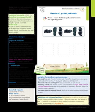 ¿Juguemos con los números? 279
Ámbito: Relaciónconelmedionaturalycultural
Núcleo: Relaciones lógico-matemáticas
y cuantificación
Descubro y creo patrones
Observa y encierra el patrón. Luego, busca los recortables
de la página 203 y cópialo.
167
¿Copié el patrón?
Relaciones lógico-matemáticas y cuantificación
Orientaciones para evitar errores frecuentes:Tenga presente que un patrón y una secuencia no son
lo mismo, ya que el primero es el modelo, la estructura, la disposición y el orden de las partes dentro de un
todo, y la secuencia es una continuidad, una sucesión ordenada. En consecuencia, cuando uno repite
el patrón, va creando una secuencia. Vea página 302
Adaptación a las necesidades educativas especiales
•	Aprendizaje lento: Ayude a los niños y las niñas a copiar el patrón. Para esto, apóyelos con estas preguntas:
¿Cómo está la primera zapatilla?, y la segunda, ¿está igual a las que ustedes pusieron?
	 Indicador de evaluación aprendizaje lento: Copia un patrón simple, con ayuda del adulto.
•	Aprendizaje avanzado: Invite a los niños y las niñas a realizar la actividad de la página 20 del Cuaderno de
trabajo de Matemática, donde deben descubrir el elemento que no pertenece a cada patrón, además de los
elementos estables de la secuencia.
	 Indicador de evaluación aprendizaje avanzado: Identifica en una secuencia el elemento que no pertenece
al patrón.
Aprendizaje esperado (AE) Nº 7 (RLM y C).
Aprendizaje esperado específico (AEE)
Identificar y reproducir patrones representados en
objetos, reconociendo los elementos estables en una
fotografía y replicando el patrón dado.
Análisis del AEE
Se espera que reconozca los elementos estables
en una fotografía para que reproduzca un patrón
(modelo, estructura, disposición y orden de las partes
dentro de un todo).
Orientaciones pedagógicas
Inicio: Movilice las experiencias previas realizando las
preguntas de prerrequisito:
•	Si decimos rojo, amarillo y azul; rojo, amarillo y azul;
rojo, amarillo…¿cuál sigue?, ¿por qué?
Invite a los niños y las niñas a copiar los patrones
que usted les indique; por ejemplo, ordene una silla
mirando hacia la derecha y otra hacia el frente y repita
el orden; ponga una mesa, una silla, una mesa, una
silla, etcétera. La idea es que en secuencias de objetos
puedan descubrir el patrón e imitarlo.
Organice, dentro de su planificación, el trabajo de las
páginas 17, 18 y 19 del Cuaderno de trabajo de
Matemática, para potenciar el aprendizaje.
Desarrollo: Active nuevos conocimientos realizando
las preguntas claves:
•	¿Con qué se puede construir un patrón?,
¿con qué más?
Invite a los niños y a las niñas a describir la fotografía y
pregúnteles: ¿Cómo están ordenadas las zapatillas?
Pida que hagan lo mismo con sus zapatos. Luego,
cuando hayan encerrado el patrón, solicíteles que
observen los recortables y, con ellos, copien el patrón
que marcaron.
Finalización: Retroalimente la experiencia
preguntando: ¿Encerraron el patrón?, ¿lo copiaron?,
¿les costó? ¿Qué aprendieron de esta experiencia?
Indicador de evaluación
Copia el patrón de una secuencia.
Niveles de logro
•	Copia el patrón de una secuencia.
•	Pega los elementos, pero sin seguir el patrón.
•	No copia el patrón ni pega los elementos.
15’
Tiempo estimado
Para potenciareste aprendizajevea página 297
 