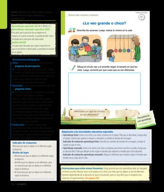 Unidad 8280
Ámbito:Relación con el medio natural y cultural
Núcleo:Relaciones lógico-matemáticas
y cuantificación
Relaciones lógico-matemáticas y cuantiﬁcación
Dibuja el círculo rojo y el amarillo según el tamaño en que los
viste. Luego, comenta por qué crees que se ven diferentes.
¿Mencioné por qué los círculos
se ven diferentes?
Describe las escenas. Luego, realiza lo mismo en tu sala.
¿Lo veo grande o chico?
168
Adaptación a las necesidades educativas especiales
• Aprendizaje lento: Invite a los niños y las niñas a mirarse en el espejo. Pida que se describan y luego aleje
el espejo. Solicite que vuelvan a mirarse y comenten si cambió el tamaño de la imagen.
	 Indicador de evaluación aprendizaje lento: Describe los cambios de tamaño de su imagen, al alejar el
espejo en que se mira.
• Aprendizaje avanzado: Invite a los niños y las niñas a imaginar que tienen una flor a su lado y luego que 	
	 se aleja de ellos. Pida que dibujen la flor según el tamaño que adquirió a medida que se fue alejando.
	 Indicador de evaluación aprendizaje avanzado: Dibuja un elemento que imaginó, según el tamaño que 	
	 tendría cerca y lejos de él o ella.
Orientaciones para evitar errores frecuentes:Tenga presente que este aprendizaje debe ser trabajado
en forma concreta. Muchas veces se les explica a los niños y las niñas que los objetos se ven de diferentes
tamaños dependiendo de la ubicación en que se encuentren, pero es muy difícil que se imaginen esta
variación sin experimentarla. Vea página 302
Indicador de evaluación
Menciona por qué un objeto se ve diferente según
la distancia.
Niveles de logro
•	 Menciona por qué un objeto se ve diferente según
la distancia.
•	 Identifica que los objetos se ven diferentes, pero
no menciona por qué un objeto se ve diferente
según la distancia.
•	 No menciona por qué un objeto se ve diferente
según la distancia.
Orientaciones pedagógicas
Inicio: Movilice las experiencias previas realizando
las preguntas de prerrequisito:
•	Si miran la Luna, ¿de qué tamaño la ven?, ¿de qué
tamaño creen que la verían si estuvieran muy cerca?
Invite a los niños y las niñas a observar un objeto muy
cercano. Luego, pida que se alejen del objeto
y mencionen si lo ven del mismo tamaño.
Desarrollo: Active nuevos conocimientos realizando
las preguntas claves:
•	¿Por qué los objetos se ven diferentes si están cerca
o lejos de la persona que los observa?
Invite a los niños y las niñas a describir la escena y
pregúnteles: ¿Qué hacen los niños?, ¿cómo pegaron
los círculos? Pida que imiten la acción de los niños
y las niñas representados en la escena. Luego,
solicíteles que se ubiquen frente a los círculos y
mencionen si se ven todos iguales. Para finalizar, pida
que muestren su dibujo y comenten de qué tamaño
vieron el círculo rojo y el amarillo.
Finalización: Retroalimente preguntando:
¿Qué hicieron los niños y las niñas de las escenas?,
¿lo hicieron ustedes?, ¿les costó?, ¿se veían todos los
círculos iguales?, ¿cómo se veían el círculo rojo y el
amarillo? ¿Qué aprendieron en esta experiencia?
Aprendizaje esperado (AE) Nº 6 (RLM y C).
Aprendizaje esperado específico (AEE)
Descubrir que la posición de un objeto en el
espacio, en cuanto a tamaño, se puede percibir como
resultado de la ubicación del observador.
Análisis del AEE
Se espera que descubra que según la posición en
que se encuentre el observador, se percibirá el tamaño
de un objeto.
15’
Tiempo estimado
Para potenciar
este aprendizaje
vea página 297
 