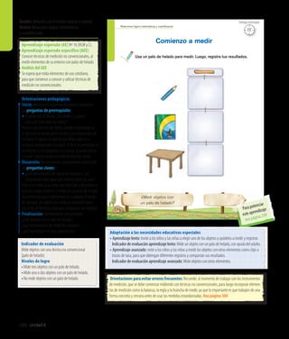 Unidad 8288
Relaciones lógico-matemáticas y cuantiﬁcación
¿Medí objetos con
un palo de helado?
Usa un palo de helado para medir. Luego, registra tus resultados.
Comienzo a medir
176
Orientaciones para evitar errores frecuentes: Recuerde, al momento de trabajar con los instrumentos
de medición, que se debe comenzar midiendo con técnicas no convencionales, para luego incorporar elemen-
tos de medición como la balanza, la regla y la huincha de medir, ya que lo importante es que trabajen de una
forma concreta y cercana antes de usar las medidas estandarizadas. Vea página 304
Adaptación a las necesidades educativas especiales
• Aprendizaje lento: Invite a los niños y las niñas a elegir uno de los objetos y ayúdelos a medir y registrar.
	 Indicador de evaluación aprendizaje lento: Mide un objeto con un palo de helado, con ayuda del adulto.
• Aprendizaje avanzado: nvite a los niños y las niñas a medir los objetos con otros elementos como clips o 	
	 trozos de lana, para que obtengan diferentes registros y compartan sus resultados.
	 Indicador de evaluación aprendizaje avanzado: Mide objetos con otros elementos.
Orientaciones pedagógicas
Inicio: Movilice las experiencias previas realizando
las preguntas de prerrequisito:
•	Cuando van al doctor, ¿los miden?, ¿cómo?,
¿por qué creen que los miden?
Realice una función de títeres, donde el personaje va
al doctor y no desea que lo midan y su mamá trata de
calmarlo. El doctor le explica que debe saber si su
estatura corresponde a su edad. Al final, el personaje se
va muy feliz y le pregunta a su mamá: ¿Cuándo vamos
a volver? ¡Quiero volver a medirme muchas veces!
Desarrollo: Active nuevos conocimientos realizando
las preguntas claves:
•	¿Qué instrumentos de medición conocen?, ¿es
importante saber para qué sirven y cómo se usan?
Pida a los niños y las niñas que observen y describan la
escena. Luego, invítelos a medir con un palo de helado
los elementos que se presentan en la página. A modo
de ejemplo, se sugiere que mida un elemento junto
con ellos. Al finalizar, pida que compartan sus registros.
Finalización: Retroalimente preguntando:
¿Qué hicieron con el palo de helado?,
¿qué instrumentos de medición conocen?,
¿qué aprendieron en esta experiencia?
Indicador de evaluación
Mide objetos con una técnica no convencional
(palo de helado).
Niveles de logro
•	Mide tres objetos con un palo de helado.
•	Mide uno o dos objetos con un palo de helado.
•	No mide objetos con un palo de helado.
15’
Tiempo estimadoÁmbito:Relación con el medio natural y cultural
Núcleo:Relaciones lógico-matemáticas
y cuantificación
Aprendizaje esperado (AE) Nº 16 (RLM y C).
Aprendizaje esperado específico (AEE)
Conocer técnicas de medición no convencionales, al
medir elementos de su entorno con palos de helado.
Análisis del AEE
Se espera que mida elementos de uso cotidiano,
para que comience a conocer y utilizar técnicas de
medición no convencionales.
Para potenciar
este aprendizaje
vea página 299
 
