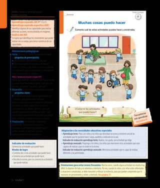 Ámbito:Formación personal y social
Núcleo:Autonomía
28 Unidad 1
Autonomía
16
¿Comenté las actividades
que puedo hacer?
Comenta cuál de estas actividades puedes hacer y enciérralas.
Muchas cosas puedo hacer
20’
Tiempo estimado
Indicador de evaluación
Comenta las actividades que puede hacer.
Niveles de logro
•	Comenta dos o más actividades que puede hacer.
•	Comenta una actividad que puede hacer.
•	Describe la escena, pero no comenta las actividades
que puede realizar.
Aprendizaje esperado (AE) N° 3 (I y C).
Aprendizaje esperado específico (AEE)
Identificar algunas de sus capacidades para realizar
diferentes acciones, reconociéndolas en imágenes.
Análisis del AEE
Se espera que identifique los movimientos que puede
realizar con su cuerpo, para tomar conciencia de sus
capacidades.
Orientaciones pedagógicas
Inicio: Movilice las experiencias previas realizando
las preguntas de prerrequisito:
• ¿Todos pueden hacer volteretas?, ¿por qué?
• ¿Qué movimientos les son difíciles de realizar?
Invite a los niños y a las niñas a escuchar la canción
“Oso perezoso”, que se encuentra en el sitio web de
Chile Crece Contigo, en la página:
http://www.recursostic.cl/parv101.
Pídales que imiten los movimientos que dice la canción
y, cuando hayan finalizado, pregunte: ¿Qué ejercicios
hicieron?, ¿les gustó?, ¿les costó?, ¿por qué?
Desarrollo: Active nuevos conocimientos realizando
las preguntas claves:
•	¿Es importante volver a realizar ejercicios que les
cuestan?, ¿qué pasaría si no lo hicieran?
Invítelos a observar la escena y pregunte: ¿Qué hacen
los niños y las niñas?, ¿todos hacen lo mismo?,
¿estos ejercicios son fáciles o difíciles?, ¿por qué?,
¿pueden realizar alguno de estos ejercicios?, ¿cuál?
Luego, pídales que encierren las acciones que pueden
hacer e invítelos a realizarlas en la sala o el patio.
Finalización: Retroalimente la experiencia
preguntando: ¿Qué sucede en la escena?,
¿marcaron las actividades que pueden hacer?,
¿todos marcaron las mismas?, ¿por qué?,
¿qué aprendieron en esta experiencia?
Orientaciones para evitar errores frecuentes: Muchas veces, cuando alguna actividad nos resulta muy
difícil, la dejamos de lado y no volvemos a intentarla. Por eso, cuando los niños y las niñas estén enfrentados
a situaciones complicadas, se debe transmitir y reforzar la resiliencia, para que puedan comprender que es
necesario ser perseverantes y volver a intentarlo. Vea página 55
Adaptación a las necesidades educativas especiales
• Aprendizaje lento: Pida a los niños y las niñas que describan la escena y encierren una de las
actividades que les gustaría hacer. Luego, ayúdelos a realizarla en la sala.
	 Indicador de evaluación aprendizaje lento: Realiza, con ayuda, una actividad que elige.
• Aprendizaje avanzado: Proponga a los niños y las niñas que mencionen otras actividades que sean
capaces de realizar y que no están en la escena.
	 Indicador de evaluación aprendizaje avanzado: Menciona actividades que es capaz de realizar,
diferentes a las presentadas.
Para potenciar
este aprendizaje
vea página 49
 