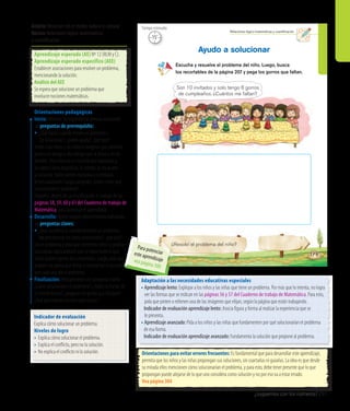 291
¿Resolví el problema del niño?
179
Escucha y resuelve el problema del niño. Luego, busca
los recortables de la página 207 y pega los gorros que faltan.
Ayudo a solucionar
Son 10 invitados y solo tengo 6 gorros
de cumpleaños. ¿Cuántos me faltan?
Relaciones lógico-matemáticas y cuantiﬁcación
15’
Tiempo estimado
Orientaciones pedagógicas
Inicio: Movilice las experiencias previas realizando
las preguntas de prerrequisito:
•	¿Qué hacen cuando tienen un problema?,
¿lo solucionan?, ¿piden ayuda?, ¿por qué?
Invite a los niños y las niñas a imaginar que caminan
junto a un amigo y dos amigas por la plaza y les da
hambre. Uno lleva en su mochila dos manzanas y
no saben cómo repartirlas. A ustedes se les ocurre
la solución, todos comen manzana y continúan
felices paseando. Luego, pregunte: ¿Cómo creen que
solucionaron el problema?
Organice, dentro de su planificación, el trabajo de las
páginas 58, 59, 60 y 61 del Cuaderno de trabajo de
Matemática, para potenciar el aprendizaje.
Desarrollo: Active nuevos conocimientos realizando
las preguntas claves:
•	¿Qué sucedería si cuando tenemos un problema
no pensáramos en cómo solucionarlo?, ¿por qué?
Lea el problema y pida que comenten cómo lo podrían
solucionar, explicándoles que lo importante es que
todos quieren gorros de cumpleaños. Luego, pida que
peguen los gorros que faltan y compartan la solución
que cada uno dio al problema.
Finalización: Retroalimente con preguntas como:
¿Cómo solucionaron el problema?, ¿todos lo harían de
la misma forma?, ¿pegaron los gorros que faltaban?
¿Qué aprendieron en esta experiencia?
Orientaciones para evitar errores frecuentes: Es fundamental que para desarrollar este aprendizaje,
permita que los niños y las niñas propongan sus soluciones, sin coartarlas ni guiarlas. La idea es que desde
su mirada ellos mencionen cómo solucionarían el problema, y para esto, debe tener presente que lo que
propongan puede alejarse de lo que uno considera como solución y no por eso va a estar errado.
Vea página 304
Adaptación a las necesidades educativas especiales
• Aprendizaje lento: Explique a los niños y las niñas que tiene un problema. Por más que lo intenta, no logra
ver las formas que se indican en las páginas 56 y 57 del Cuaderno de trabajo de Matemática. Para esto,
pida que pinten o rellenen una de las imágenes que elijan, según la página que están trabajando.
	 Indicador de evaluación aprendizaje lento: Asocia figura y forma al realizar la experiencia que se
le presenta.
• Aprendizaje avanzado: Pida a los niños y las niñas que fundamenten por qué solucionarían el problema
	 de esa forma.
	Indicador de evaluación aprendizaje avanzado: Fundamenta la solución que propone al problema.
Indicador de evaluación
Explica cómo solucionar un problema.
Niveles de logro
•	 Explica cómo solucionar el problema.
•	 Explica el conflicto, pero no la solución.
•	 No explica el conflicto ni la solución.
Ámbito:Relación con el medio natural y cultural
Núcleo:Relaciones lógico-matemáticas
y cuantificación
Aprendizaje esperado (AE) Nº 12 (RLM y C).
Aprendizaje esperado específico (AEE)
Establecer asociaciones para resolver un problema,
mencionando la solución.
Análisis del AEE
Se espera que solucione un problema que
involucre nociones matemáticas.
¿Juguemos con los números?
Para potenciareste aprendizajevea página 300
 