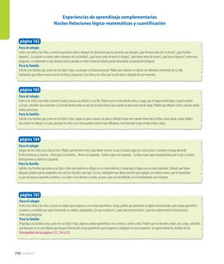 Para el colegio
Juegue con los niños y las niñas al tren. Pídales que formen el tren y que deben recorrer la sala o el patio según las instrucciones. Comience el juego diciendo:
El tren comienza su marcha... Ahora gira a la derecha... Ahora a la izquierda...Vuelve a girar a la izquierda... La idea es que vayan desplazándose por la sala o el patio,
distinguiendo su derecha e izquierda.
Para la familia
Solicite a las familias que pidan a sus hijos e hijas que realicen un dibujo con su mano derecha, y luego que lo hagan con su mano izquierda. Después que hayan
dibujado, pídales que les pregunten con cuál fue más fácil y por qué. A la vez, explíqueles que deben permitir que trabajen con ambas manos, que lo importante
es que reconozcan izquierda y derecha, y no saber si son diestros o zurdos, ya que si aún no está definido, se irá manifestando con el tiempo.
Para el colegio
Invite a los niños y las niñas a buscar un objeto que se parezca a un cuerpo geométrico. Luego, pídales que presenten su objeto mencionando a qué cuerpo geométrico
se parece y, a medida que vayan mostrando sus objetos, pregúnteles: ¿En qué se parecen?, ¿qué características tiene?, ¿qué otro objeto tiene la misma forma?,
entre otras preguntas.
Para la familia
Proponga a las familias crear, junto con sus hijos e hijas, algunos cuerpos geométricos con cartulina, cartón u otros. Pídales que los decoren y elijan uno. Luego, solicíteles
que busquen en su casa objetos que tengan la forma del cuerpo geométrico que escogieron y expliquen en qué se parecen. Se sugiere enviar los modelos de los
fotocopiables de las páginas 315, 314 y 315.
página 164
página 165
Para el colegio
Invite a los niños y las niñas a contar lo que hacen antes y después de situaciones que les presente; por ejemplo, ¿qué hicieron antes de ir a recreo?, ¿qué hicieron
después?, ¿la colación la comen antes o después de la actividad?, ¿qué hacen antes de venir al colegio?, ¿qué hacen antes de comer?, ¿qué hacen después?, entre otras
preguntas. Lo importante es que durante toda la jornada se creen instancias donde puedan desarrollar su orientación temporal.
Para la familia
Solicite a las familias que, junto con sus hijos e hijas, construyan su historia personal. Pídales que elaboren un álbum con diferentes momentos de su vida.
Explíqueles que deben mostrar una de las fotos y preguntar a los niños y las niñas qué ocurrió antes y después de ese momento.
Para el colegio
Invite a los niños y las niñas a recorrer el patio y buscar un arbusto o una flor. Pídales que la miren desde arriba y, luego, que lo hagan desde abajo. Cuando vuelvan
a la sala, solicíteles que comenten si al mirarla desde arriba se veía de la misma forma que cuando la observaron desde abajo. Pídales que dibujen la flor o arbusto desde
ambas posiciones.
Para la familia
Solicite a las familias que, junto con sus hijos e hijas, salgan al patio o vayan a la plaza y dibujen lo que ven cuando miran hacia arriba y hacia abajo. Luego, pídales
que envíen los dibujos a la sala, para que los niños y las niñas puedan contar lo que dibujaron, mencionando lo que estaba arriba y abajo.
página 162
página 163
Experiencias de aprendizaje complementarias
Núcleo Relaciones lógico-matemáticas y cuantificación
296 Unidad 8
 