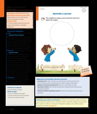 Ámbito:Formación personal y social
Núcleo:Autonomía
30 Unidad 1
Autonomía
18
Para completar la imagen, punza el borde del círculo de la
página 185 y pégalo.
Aprendo a punzar
¿Puncé por el borde del círculo?
15’
Tiempo estimado
Indicador de evaluación
Punza por el borde una imagen.
Niveles de logro
• Punza por el borde toda una imagen.
• Punza por el borde una parte de una imagen.
• No punza una imagen por el borde.
Aprendizaje esperado (AE) N° 4 (M yV).
Aprendizaje esperado específico (AEE)
Adquirir destrezas en el uso de instrumentos
punzantes, perforando una imagen.
Análisis del AEE
Se espera que adquiera destrezas al punzar una
imagen, para desarrollar sus capacidades
motoras finas.
Orientaciones pedagógicas
Inicio: Movilice las experiencias previas realizando
las preguntas de prerrequisito:
•	¿Han oído hablar de los instrumentos cortantes
y punzantes?, ¿los saben usar?, ¿para qué sirven?
En una caja, ponga diferentes imágenes de elementos
punzantes y cortantes. Pida a los niños y las niñas
que vayan sacando de a uno y comenten qué es,
para qué sirve y cómo se usa. Además, pregúnteles
qué precaución habría que tomar para usarlos.
Desarrollo: Active nuevos conocimientos realizando
las preguntas claves:
•¿Deberían aprender a usar objetos punzantes?,
	 ¿qué pasaría si no se usan con precaución?
Solicite que observen la página del texto
y pregunte: ¿Qué hacen la niña y el niño?, ¿qué les
falta? Convérseles sobre las formas de trabajar con
instrumentos punzantes y pregúnteles: ¿Qué peligros
podemos enfrentar si no trabajamos adecuadamente
con este instrumento? Muestre la forma de trabajar
y explíqueles cómo punzar la imagen. Se sugiere poner
una lámina de esponja, goma eva o plumavit bajo la
hoja, para que puncen con mayor facilidad.
Al finalizar, solicite que muestren sus trabajos.
Finalización: Retroalimente la experiencia
preguntando: ¿Qué hicieron?, ¿qué instrumento
utilizaron?, ¿les costó?, ¿pegaron el círculo?,
¿qué aprendieron en esta experiencia?
Adaptación a las necesidades educativas especiales
• 	Aprendizaje lento: Solicite a los niños y a las niñas que puncen solo una parte del círculo.
Para ello, marque los puntos con plumón para que se guíen y ayúdelos a desprenderla.
	 Indicador de evaluación aprendizaje lento: Punza en la zona indicada, con ayuda.
• 	Aprendizaje avanzado: Pida al niño que cuando finalice su trabajo mencione las precauciones
que tomó para realizarlo.
	 Indicadordeevaluaciónaprendizajeavanzado:Menciona las precauciones que tomó para punza
una imagen.
Orientacionesparaevitarerroresfrecuentes:Recuerde que los instrumentos punzantes son variados,
y que los punzones y agujas de lana son solo algunos de ellos. Lo importante, además de mencionar cuáles
son, es explicar a los niños y a las niñas que su manipulación es peligrosa y que se deben usar bajo la
supervisión de un adulto. Vea página 56
Para potenciar
este aprendizaje
vea página 50
 