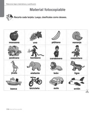 316 Material fotocopiable
Material fotocopiable
Recorta cada tarjeta. Luego, clasifícalas como desees.
Relaciones lógico-matemáticas y cuantificación
 