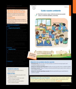 Ámbito: Formación personal y social
Núcleo: Autonomía
Lo podemos hacer 31
Autonomía
¿Nombré las acciones que ayudan
a tener un ambiente saludable?
Describe la escena. Luego, nombra las acciones que ayudan
a tener un ambiente saludable y enciérralas.
Cuido nuestro ambiente
19
15’
Tiempo estimado
Indicador de evaluación
Nombra las acciones que ayudan a tener un
ambiente saludable.
Niveles de logro
•	Nombra tres o más acciones que ayudan a tener
un ambiente saludable.
•	Nombra menos de tres acciones que ayudan
a tener un ambiente saludable.
•	Nombra acciones, pero no las que ayudan a
tener un ambiente saludable.
Aprendizaje esperado (AE) N° 8 (M yV).
Aprendizaje esperado específico (AEE)
Identificar las condiciones que caracterizan los
ambientes saludables, por medio del contraste
de imágenes.
Análisis del AEE
Se espera que identifique ambientes saludables en
que haya limpieza, orden y un clima de respeto para
escuchar a los demás.
Orientaciones pedagógicas
Inicio: Movilice las experiencias previas realizando
las preguntas de prerrequisito:
•¿Cómo son los ambientes saludables?, ¿qué podría 	
	 impedirnos tener un ambiente saludable?
Pida a los párvulos que imaginen que llega un niño que
comienza a botar los papeles al suelo, saca todos los
materiales y no los guarda, rompe algunos juguetes, y
grita mucho. Ellos se acercan y le cuentan que las cosas
se hacen de otra forma, le enseñan a guardar y cuidar
los materiales, a conversar en vez de gritar, y a botar los
papeles al basurero.
Luego, pregunte: ¿Qué pasaría si todos fuéramos
como este niño?, ¿cómo estaría la sala?, ¿sería un
ambiente saludable?
Desarrollo: Active nuevos conocimientos realizando
las preguntas claves:
•¿Es importante mantener limpio nuestro ambiente?
• ¿Qué pasaría si no lo hiciéramos?, ¿por qué?
Invite a los niños y a las niñas a observar la escena y
comentar cada una de las situaciones. Pregunte:
¿Quién no está respetando a los demás?, ¿por qué?,
¿quién está colaborando con un ambiente saludable?
Luego, pida que compartan sus trabajos en parejas.
Finalización: Retroalimente preguntando:
¿Qué sucede en la escena?, ¿podemos ayudar a tener un
ambiente saludable?, ¿cómo?, ¿qué aprendieron
en esta experiencia?
Orientaciones para evitar errores frecuentes: Es importante destacar que los ambientes saludables
no solo se refieren a la higiene del lugar; también son, por ejemplo, lugares sin contaminación acústica
o que inviten a mantener una mejor calidad de vida en todo ámbito. Vea página 56
Adaptación a las necesidades educativas especiales
• Aprendizaje lento: Pida a los niños y las niñas que elijan una acción de la escena que ayude a tener
un ambiente saludable y la describan.
	 Indicador de evaluación aprendizaje lento: Describe una acción que ayuda a tener un ambiente saludable.
• Aprendizaje avanzado: Pida que, al finalizar, mencionen qué beneficios para la salud se tienen cuando uno
vive en ambientes saludables.
	 Indicador de evaluación aprendizaje avanzado: Menciona qué beneficios para la salud brindan los
ambientes saludables.
Para potenciareste aprendizajevea página 50
 