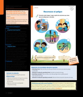 Ámbito:Formación personal y social
Núcleo:Autonomía
32 Unidad 1
Autonomía
¿Expliqué las situaciones peligrosas?
Comenta cada imagen. Luego, explica las acciones que crees
que son peligrosas y márcalas.
Reconozco el peligro
20
15’
Tiempo estimado
Aprendizaje esperado (AE) N° 9 (M yV).
Aprendizaje esperado específico (AEE)
Identificar situaciones de riesgo, reconociéndolas en
imágenes.
Análisis del AEE
Se espera que identifique situaciones de riesgo como
encender un fósforo, jugar en la cocina, entre otras,
para que pueda evitarlas.
Orientaciones pedagógicas
Inicio: Movilice las experiencias previas realizando
las preguntas de prerrequisito:
• ¿Existen situaciones que pueden representar un
riesgo de algún accidente?, ¿cuáles?, ¿por qué?
Pida a los niños y las niñas que se pongan cómodos
y cuénteles que anoche, mirando la televisión, supo
que un niño tuvo un accidente y que un mueble
se cayó cerca de él, pero que no le pasó nada grave.
Luego, pregunte: ¿Se podría haber evitado este
accidente?, ¿cómo?
Desarrollo: Active nuevos conocimientos realizando
las preguntas claves:
• ¿Es posible prevenir los accidentes?, ¿qué pasaría
si no evitáramos las situaciones de riesgo?
Invite a los niños y las niñas a observar las imágenes
y pregunte: ¿Cuáles son peligrosas para los niños?,
¿por qué?, ¿qué puede pasar si no evitamos acciones
o situaciones de riesgo? Luego, pídales que marquen
las situaciones que consideran peligrosas y las
comparen organizándose en grupos.
Finalización: Retroalimente la experiencia con
preguntas como: ¿Qué sucede en las escenas?,
¿explicaron las que representan peligro?, ¿las
marcaron?, ¿todos marcaron las mismas?, ¿por qué?,
¿cómo debemos actuar ante situaciones de riesgo?,
¿qué aprendieron en esta experiencia?
Orientaciones para evitar errores frecuentes: Para evitar los accidentes, no solo debemos procurar
que el ambiente esté libre de riesgos; también es fundamental educar a los párvulos en la prevención, de
manera que desde muy pequeños puedan evitar las acciones que puedan causarles daño. Por esa razón, no
desestime su capacidad de aprender a prevenir accidentes. Vea página 56
Adaptación a las necesidades educativas especiales
• Aprendizaje lento: Pida a los niños y las niñas que muestren una escena que representa peligro
y la describan.
		 Indicador de evaluación aprendizaje lento: Describe una situación de riesgo.
• Aprendizaje avanzado: Pida a los niños y a las niñas que digan cómo se podrían prevenir
estas situaciones de riesgo.
		 Indicador de evaluación aprendizaje avanzado: Menciona formas de prevenir situaciones de riesgo.
Indicador de evaluación
Explica las situaciones de riesgo de una escena.
Niveles de logro
• Explica las tres situaciones de riesgo de una escena.
• Explica menos de tres situaciones de riesgo
de una escena.
• Explica las escenas que no corresponden
a situaciones de riesgo.
Para potenciar
este aprendizaje
vea página 50
 