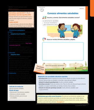 Ámbito: Formación personal y social
Núcleo: Autonomía
Lo podemos hacer 33
Autonomía
21
¿Mencioné alimentos saludables?
Escucha y comenta: ¿Qué alimentos saludables conoces?
Busca en revistas alimentos saludables y pégalos.
Conozco alimentos saludables
La alimentación saludable
es la que necesitamos
para mantenernos sanos.
15’
Tiempo estimado
Indicador de evaluación
Menciona alimentos saludables.
Niveles de logro
• Menciona dos o más alimentos saludables.
• Menciona un alimento saludable.
• Menciona alimentos, pero no los que
son saludables.
Aprendizaje esperado (AE) N° 7 (M yV).
Aprendizaje esperado específico (AEE)
Distinguir alimentos que aportan beneficios para su
salud, buscando imágenes de alimentos saludables
en revistas.
Análisis del AEE
Seesperaquebusqueyseleccionederevistasdiferentes
alimentosparaqueidentifiquelosquesonsaludables.
Orientaciones pedagógicas
Inicio: Movilice las experiencias previas realizando
las preguntas de prerrequisito:
•	¿Conocen los alimentos saludables?, ¿cuáles?
•	¿Por qué son saludables?, ¿a qué nos ayudan?
Se sugiere leer el cuento“Doña Huerta y sus
verduras”, que se encuentra en el sitio web de
Chile Crece Contigo, en la página : http://www.
recursostic.cl/parv102.
Luego, pregunte: ¿Qué tenía doña Huerta en su
huerta?, ¿las verduras son saludables?, ¿qué verduras
conocen?, ¿qué otros alimentos saludables conocen?
Desarrollo: Active nuevos conocimientos realizando
las preguntas claves:
• ¿Es importante consumir alimentos saludables?
• ¿Qué pasaría si solo comiéramos dulces?
Lea lo que conversan el niño y la niña de la escena
y pregunte: ¿Qué alimentación necesitamos para
mantenernos sanos?, ¿por qué?, ¿qué alimentos
saludables conocen? Luego, pregunte: ¿Qué creen
que deben pegar?, ¿por qué? Al finalizar, solicite que
muestren sus trabajos y mencionen qué alimentos
pegaron y por qué creen que son saludables.
Finalización: Retroalimente preguntando:
¿Sobre qué conversan el niño y la niña de la escena?,
¿sabían que la alimentación saludable nos ayuda
a mantenernos sanos?, ¿qué alimentos pegaron en el
plato?, ¿todos pegaron los mismos?, ¿por qué?,
¿les costó?, ¿qué aprendieron en esta experiencia?
Adaptación a las necesidades educativas especiales
• Aprendizaje lento: Realice la experiencia en forma concreta. Muestre a los niños y las niñas diferentes
alimentos; pida que elijan uno saludable y lo describan. Luego, pida que lo dibujen.
	 Indicadordeevaluaciónaprendizajelento:Describe un alimento saludable.
• Aprendizaje avanzado: Divida una cartulina en tres. Pida a los niños y las niñas que busquen alimentos
saludables y los peguen clasificándolos, por ejemplo, en lácteos, frutas y verduras.
	 Indicador de evaluación aprendizaje avanzado: Clasifica alimentos saludables según
su grupo alimenticio.
Orientaciones para evitar errores frecuentes: Recuerde que una alimentación saludable no solo
consiste en consumir los alimentos que brindan más beneficios para nuestra salud.También debemos
considerar la creación de hábitos alimentarios, tomando en cuenta el horario de las comidas, además de los
beneficios nutricionales de los alimentos. Vea página 57
Para potenciareste aprendizajevea página 51
 