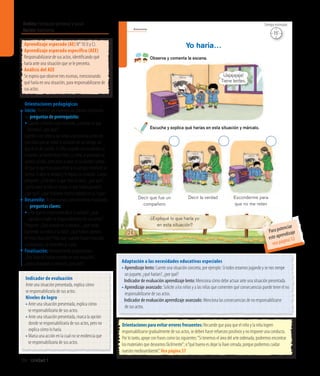 36 Unidad 1
Autonomía
24
Yo haría…
¿Expliqué lo que haría yo
en esta situación?
¡Jajajajaja!
Tiene lentes.
Decir la verdadDecir que fue un
compañero
Esconderme para
que no me reten
Observa y comenta la escena.
Escucha y explica qué harías en esta situación y márcalo.
15’
Tiempo estimadoÁmbito:Formación personal y social
Núcleo:Autonomía
Indicador de evaluación
Ante una situación presentada, explica cómo
se responsabilizaría de sus actos.
Niveles de logro
• Ante una situación presentada, explica cómo
	 se responsabilizaría de sus actos.
• Ante una situación presentada, marca la opción
donde se responsabilizaría de sus actos, pero no
explica cómo lo haría.
• Marca una acción en la cual no se evidencia que
	 se responsabilizaría de sus actos.
Aprendizaje esperado (AE) N° 10 (I y C).
Aprendizaje esperado específico (AEE)
Responsabilizarse de sus actos, identificando qué
haría ante una situación que se le presenta.
Análisis del AEE
Se espera que observe tres escenas, mencionando
qué haría en una situación, para responsabilizarse de
sus actos.
Orientaciones pedagógicas
Inicio: Movilice las experiencias previas realizando
las preguntas de prerrequisito:
•	Cuando cometen una travesura, ¿cuentan lo que
hicieron?, ¿por qué?
Cuente a los niños y las niñas una historia acerca de
una niña que se come la colación de un amigo, sin
que él se dé cuenta. El niño, cuando no encuentra su
colación, se siente muy triste. La niña, al principio se
queda callada, pero poco a poco se va dando cuenta
de que lo que hizo puso triste a su amigo, entonces se
acerca, le dice la verdad y le regala su colación. Luego,
pregunte: ¿Está bien lo que hizo la niña?, ¿por qué?,
¿actuó bien la niña al contar lo que había pasado?,
¿por qué?, ¿qué hubieran hecho ustedes en su lugar?
Desarrollo: Active nuevos conocimientos realizando
las preguntas claves:
• ¿Por qué es importante decir la verdad?, ¿qué 	
	 pasaría si nadie se responsabilizara de sus actos?
Pregunte: ¿Qué sucede en la escena?, ¿qué están
haciendo los niños y la niña?, ¿qué harían ustedes
en esta situación? Pida que, cuando hayan marcado
su respuesta, la muestren al curso.
Finalización: Retroalimente preguntando:
¿Qué habrían hecho ustedes en esa situación?,
¿todos marcaron la misma?, ¿por qué? Adaptación a las necesidades educativas especiales
• Aprendizaje lento: Cuente una situación concreta, por ejemplo: Si todos estamos jugando y se nos rompe
un juguete, ¿qué harían?, ¿por qué?
	 Indicador de evaluación aprendizaje lento: Menciona cómo debe actuar ante una situación presentada.
• Aprendizaje avanzado: Solicite a los niños y a las niñas que comenten qué consecuencias puede tener el no
responsabilizarse de sus actos.
	 Indicador de evaluación aprendizaje avanzado: Menciona las consecuencias de no responsabilizarse
de sus actos.
Orientaciones para evitar errores frecuentes: Recuerde que para que el niño y la niña logren
responsabilizarse gradualmente de sus actos, se deben hacer refuerzos positivos y no imponer una conducta.
Por lo tanto, apoye con frases como las siguientes:“Si tenemos el área del arte ordenada, podremos encontrar
los materiales que deseamos fácilmente”; o“qué bueno es dejar la llave cerrada, porque podremos cuidar
nuestro medioambiente”. Vea página 57
Para potenciar
este aprendizaje
vea página 52
 