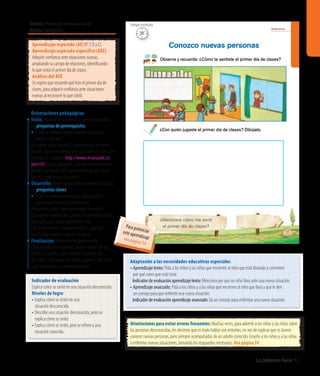 Ámbito: Formación personal y social
Núcleo: Autonomía
Lo podemos hacer 43
20’
Tiempo estimado
Autonomía
31
¿Mencioné cómo me sentí
el primer día de clases?
Observa y recuerda: ¿Cómo te sentiste el primer día de clases?
Conozco nuevas personas
¿Con quién jugaste el primer día de clases? Dibújalo.
20’
Tiempo estimado
Indicador de evaluación
Explica cómo se sintió en una situación desconocida.
Niveles de logro
• Explica cómo se sintió en una
situación desconocida.
• Describe una situación desconocida, pero no
explica cómo se sintió.
• Explica cómo se sintió, pero se refiere a una
situación conocida.
Aprendizaje esperado (AE) N° 2 (I y C).
Aprendizaje esperado específico (AEE)
Adquirir confianza ante situaciones nuevas,
ampliando su campo de relaciones, identificando
lo que sintió el primer día de clases.
Análisis del AEE
Se espera que recuerde qué hizo el primer día de
clases, para adquirir confianza ante situaciones
nuevas al reconocer lo que sintió.
Orientaciones pedagógicas
Inicio: Movilice las experiencias previas realizando
las preguntas de prerrequisito:
•¿Cómo se sienten cuando conocen a personas
nuevas?, ¿por qué?
Se sugiere leer el cuento“El primer día de jardín de
Martín”, que se encuentra en el sitio web de Chile Crece
Contigo, en la página: http://www.recursostic.cl/
parv107. Luego, pregunte: ¿Por qué estaba asustado
Martín?, ¿a dónde iba?, ¿era primera vez que iba al
jardín?, ¿qué lo puso contento?
Desarrollo: Active nuevos conocimientos realizando
las preguntas claves:
•¿Podemos hablar con personas desconocidas?,
¿qué pasaría si nunca lo hiciéramos?
Pregúnteles: ¿Qué creen que sienten los niños?,
¿por qué se sentirán así?, ¿cómo se sintieron ustedes?,
¿por qué?, ¿con quién jugaron ese día?,
¿les gustó conocer a nuevos amigos?, ¿por qué?
Solicite que cuenten a quién dibujaron.
Finalización: Retroalimente preguntando:
¿Qué sucedía en la escena?, ¿se han sentido de esa
forma?, ¿cuándo?, ¿qué sintieron el primer día
de clases?, ¿dibujaron con quién jugaron?, ¿por qué?,
¿qué aprendieron en esta experiencia?
Orientaciones para evitar errores frecuentes: Muchas veces, para advertir a los niños y las niñas sobre
las personas desconocidas, les decimos que es malo hablar con extraños, en vez de explicar que es bueno
conocer nuevas personas, pero siempre acompañados de un adulto conocido. Enseñe a los niños y a las niñas
a enfrentar nuevas situaciones, tomando los resguardos necesarios. Vea página 59
Adaptación a las necesidades educativas especiales
• Aprendizaje lento: Pida a los niños y las niñas que encierren al niño que está llorando y comenten
por qué creen que está triste.
	 Indicadordeevaluaciónaprendizajelento:Menciona por qué un niño llora ante una nueva situación.
• Aprendizaje avanzado: Pida a los niños y a las niñas que encierren al niño que llora y que le den
un consejo para que enfrente una nueva situación.
	 Indicadordeevaluaciónaprendizajeavanzado:Da un consejo para enfrentar una nueva situación.
Para potenciareste aprendizajevea página 54
 