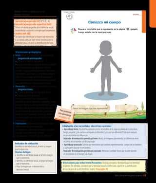 Ámbito: Formación personal y social
Núcleo: Identidad
Nos conocemos poco a poco 65
37
Identidad
¿Vestí la imagen que me representa?
Busca el recortable que te representa en la página 187 y pégalo.
Luego, vístelo con la ropa que usas.
Conozco mi cuerpo
15’
Tiempo estimado
Indicador de evaluación
Identifica su identidad sexual, al vestir la imagen
que lo representa.
Niveles de logro
• Identifica su identidad sexual, al vestir la imagen 	
	 que lo representa.
• Identifica su identidad sexual, al pegar la imagen 	
	 que lo representa.
• Pega la imagen que no representa su
	 identidad sexual.
Aprendizaje esperado (AE) N° 4 (R y A).
Aprendizaje esperado específico (AEE)
Tomar conciencia progresiva de su identidad sexual,
reconociendo y vistiendo la imagen que lo representa.
Análisis del AEE
Se espera que identifique la imagen que representa
a su cuerpo, para que logre tomar conciencia de su
identidad sexual, es decir, la identificación del sexo.
Orientaciones pedagógicas
Inicio: Movilice las experiencias previas realizando
las preguntas de prerrequisito:
• ¿Cómo es la ropa que traen puesta?
• ¿Laropadelaniñasesigualaladelosniños?,¿porqué?
Invite a los párvulos a que dibujen su silueta en
cartulinas. Luego, pídales que adivinen si las siluetas
corresponden a una mujer o a un hombre, y pregunte:
¿Qué le falta a la silueta para que reconozcamos si
son hombres o mujeres? Invite a caracterizar la silueta
como hombre o mujer (dibujándole pelo, ropa).
Desarrollo: Active nuevos conocimientos realizando
las preguntas claves:
• ¿En qué se diferencian las niñas de los niños?
• ¿Qué pasaría si fueran iguales?
Invite a los niños y las niñas a mencionar las
características que los representan, y pregunte: ¿Todas
las mujeres tienen las mismas características?, ¿y los
hombres?, ¿qué los diferencia? Pida que describan
las características de cada recortable. Cuando hayan
pegado el que los representa, solicite que dibujen la
ropa que les gusta usar, para que el niño o la niña se
parezca a ellos.
Finalización: Retroalimente con preguntas como:
¿Mencionaron las características que
los representan?, ¿recortaron su cuerpo?, ¿les costó?,
¿por qué?, ¿qué caracteriza a la mujer?,
¿qué caracteriza al hombre?, ¿qué los diferencia?
Adaptación a las necesidades educativas especiales
• Aprendizaje lento: Focalice la experiencia en los recortables de la página y pida que los describan; 		
	 luego, pregunte: ¿Los cuerpos son iguales o diferentes?, ¿en qué son diferentes? Pida que marquen
	 en los recortables las diferencias.
	 Indicador de evaluación aprendizaje lento: Marca, en imágenes presentadas, las diferencias entre
	 el cuerpo de un hombre y el de una mujer.
• Aprendizaje avanzado: Solicite que mencionen qué cambios experimentan los cuerpos de los hombres
	 y las mujeres durante el crecimiento.
	 Indicador de evaluación aprendizaje avanzado: Menciona cambios físicos que ocurren durante
	 el crecimiento en el hombre y la mujer.
Orientaciones para evitar errores frecuentes: Distinga conceptos: identidad sexual de identidad
de género. Por ejemplo, considere que la identidad sexual se define solo a partir de la identificación
de su sexo y no de su rol (hombre o mujer). Vea página 86
Para potenciareste aprendizajevea página 82
 