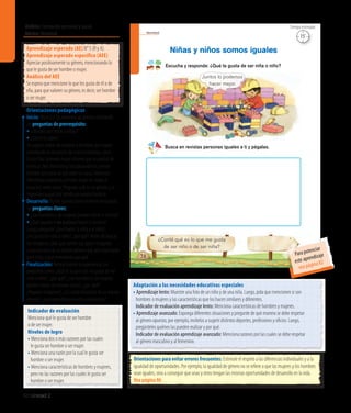 Ámbito:Formación personal y social
Núcleo:Identidad
66 Unidad 2
Identidad
Niñas y niños somos iguales
Escucha y responde: ¿Qué te gusta de ser niña o niño?
Busca en revistas personas iguales a ti y pégalas.
¿Conté qué es lo que me gusta
de ser niño o de ser niña?
38
Juntos lo podemos
hacer mejor.
Indicador de evaluación
Menciona qué le gusta de ser hombre
o de ser mujer.
Niveles de logro
• Menciona dos o más razones por las cuales
	 le gusta ser hombre o ser mujer.
• Menciona una razón por la cual le gusta ser 		
	 hombre o ser mujer.
• Menciona características de hombres y mujeres, 	
	 pero no las razones por las cuales le gusta ser 	
	 hombre o ser mujer.
Aprendizaje esperado (AE) N° 5 (R y A).
Aprendizaje esperado específico (AEE)
Apreciar positivamente su género, mencionando lo
que le gusta de ser hombre o mujer.
Análisis del AEE
Se espera que mencione lo que les gusta de él o de
ella, para que valoren su género, es decir, ser hombre
o ser mujer.
Orientaciones pedagógicas
Inicio: Movilice las experiencias previas realizando
las preguntas de prerrequisito:
• ¿Ustedes son niños o niñas?
• ¿Cómo lo saben?
Se sugiere hablar de mujeres y hombres que hayan
contribuido al desarrollo de nuestra historia, como
Eloísa Díaz (primera mujer chilena que se graduó de
médica), Neil Armstrong (estadounidense, primer
hombre que puso un pie sobre la Luna),Valentina
Tereshkova (soviética, primera mujer en viajar al
espacio), entre otros. Pregunte cuál es su género y la
importancia que han tenido en nuestra historia.
Desarrollo: Active nuevos conocimientos realizando
las preguntas claves:
• ¿Los hombres y las mujeres pueden hacer lo mismo?
• ¿Qué pasaría si no pudieran hacer lo mismo?
Luego, pregunte: ¿Qué hacen la niña y el niño?,
¿les gusta ser niña o niño?, ¿por qué? Antes de buscar
las imágenes, pida que cierren sus ojos e imaginen
a una persona de su mismo género que sea importante
para ellos, y que mencionen por qué.
Finalización: Retroalimente la experiencia con
preguntas como: ¿Qué es lo que más les gusta de ser
niño o niña?, ¿por qué?, ¿los hombres y las mujeres
pueden hacer las mismas cosas?, ¿por qué?
¿Pegaron imágenes?, ¿les costó encontrar de su mismo
género?, ¿qué aprendieron en esta experiencia?
Adaptación a las necesidades educativas especiales
• Aprendizaje lento: Muestre una foto de un niño y de una niña. Luego, pida que mencionen si son 		
	 hombres 	o mujeres y las características que los hacen similares y diferentes.
	 Indicador de evaluación aprendizaje lento: Menciona características de hombres y mujeres.
• Aprendizaje avanzado: Exponga diferentes situaciones y pregunte de qué manera se debe respetar
	 al género opuesto; por ejemplo, invítelos a sugerir distintos deportes, profesiones y oficios. Luego, 		
	 pregúnteles quiénes las pueden realizar y por qué.
	 Indicador de evaluación aprendizaje avanzado: Menciona razones por las cuales se debe respetar
	 al género masculino y al femenino.
Orientaciones para evitar errores frecuentes: Estimule el respeto a las diferencias individuales y a la
igualdad de oportunidades. Por ejemplo, la igualdad de género no se refiere a que las mujeres y los hombres
sean iguales, sino a conseguir que unas y otros tengan las mismas oportunidades de desarrollo en la vida.
Vea página 86
15’
Tiempo estimado
Para potenciar
este aprendizaje
vea página 82
 