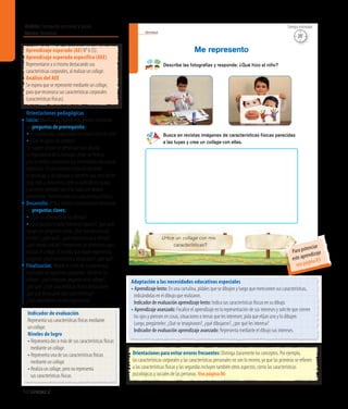 Ámbito:Formación personal y social
Núcleo:Identidad
68 Unidad 2
Identidad
40
Describe las fotografías y responde: ¿Qué hizo el niño?
Me represento
¿Hice un collage con mis
características?
Busca en revistas imágenes de características físicas parecidas
a las tuyas y crea un collage con ellas.
20’
Tiempo estimado
Indicador de evaluación
Representa sus características físicas mediante
un collage.
Niveles de logro
• Representa dos o más de sus características físicas 	
	 mediante un collage.
• Representa una de sus características físicas 	
	 mediante un collage.
• Realiza un collage, pero no representa
	 sus características físicas.
Aprendizaje esperado (AE) N° 6 (S).
Aprendizaje esperado específico (AEE)
Representarse a sí mismo destacando sus
características corporales, al realizar un collage.
Análisis del AEE
Se espera que se represente mediante un collage,
para que reconozca sus características corporales
(características físicas).
Orientaciones pedagógicas
Inicio: Movilice las experiencias previas realizando
las preguntas de prerrequisito:
• Ennuestrasala,¿todostienenelmismocolordeojos?
• ¿Qué les gusta de ustedes?
Se sugiere utilizar un personaje para abordar
la importancia de la inclusión. Debe ser ficticio
y no se deben caracterizar sus necesidades educativas
especiales. En una primera instancia presente
el personaje a los párvulos y comente que vino desde
muy lejos a conocerlos, pero su audición es escasa
y su visión también; por ello, cada uno deberá
presentarse, mencionando sus características físicas.
Desarrollo: Active nuevos conocimientos realizando
las preguntas claves:
• ¿Qué los diferencia de los demás?
• ¿Qué pasaría si todos fuéramos iguales?, ¿por qué?
Apoye con preguntas como: ¿Qué está recortando
el niño?, ¿para qué?, ¿qué materiales va a utilizar?,
¿qué trabajo realizó? Proporcione los materiales para
realizar el collage. A medida que vayan exponiendo,
pregunte: ¿Qué característica destacaron?, ¿por qué?
Finalización: Aborde el cierre de la experiencia
realizando las siguientes preguntas: ¿Hicieron su
collage?, ¿qué imágenes pegaron en el collage?,
¿por qué? ¿Qué características físicas destacaron?,
¿por qué destacaron esas características?
¿Qué aprendieron en esta experiencia?
Adaptación a las necesidades educativas especiales
• Aprendizaje lento: En una cartulina, pídales que se dibujen y luego que mencionen sus características, 	
	 indicándolas en el dibujo que realizaron.
	 Indicador de evaluación aprendizaje lento: Indica sus características físicas en su dibujo.
• Aprendizaje avanzado: Focalice el aprendizaje en la representación de sus intereses y solicite que cierren 	
	 los ojos y piensen en cosas, situaciones o temas que les interesen; pida que elijan uno y lo dibujen.
	 Luego, pregúnteles: ¿Qué se imaginaron?, ¿qué dibujaron?, ¿por qué les interesa?			
	 Indicador de evaluación aprendizaje avanzado: Representa mediante el dibujo sus intereses.
Orientaciones para evitar errores frecuentes: Distinga claramente los conceptos. Por ejemplo,
las características corporales y las características personales no son lo mismo, ya que las primeras se refieren
a las características físicas y las segundas incluyen también otros aspectos, como las características
psicológicas y sociales de las personas. Vea página 86
Para potenciar
este aprendizaje
vea página 83
 